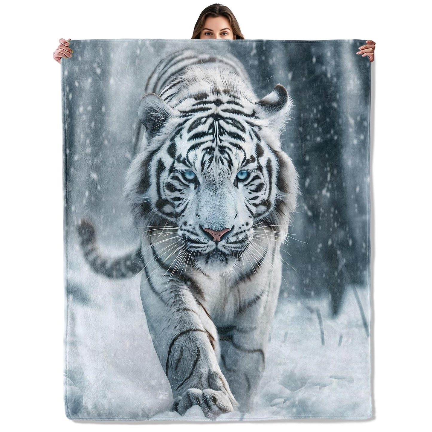 White Tiger Throw Blanket for Boys Girls Kids Adults, Cozy Snow Jungle Big Cat Theme Flannel Blankets Gifts for Camping, Bedroom, Couch, Room Home Decor, 50"x60"