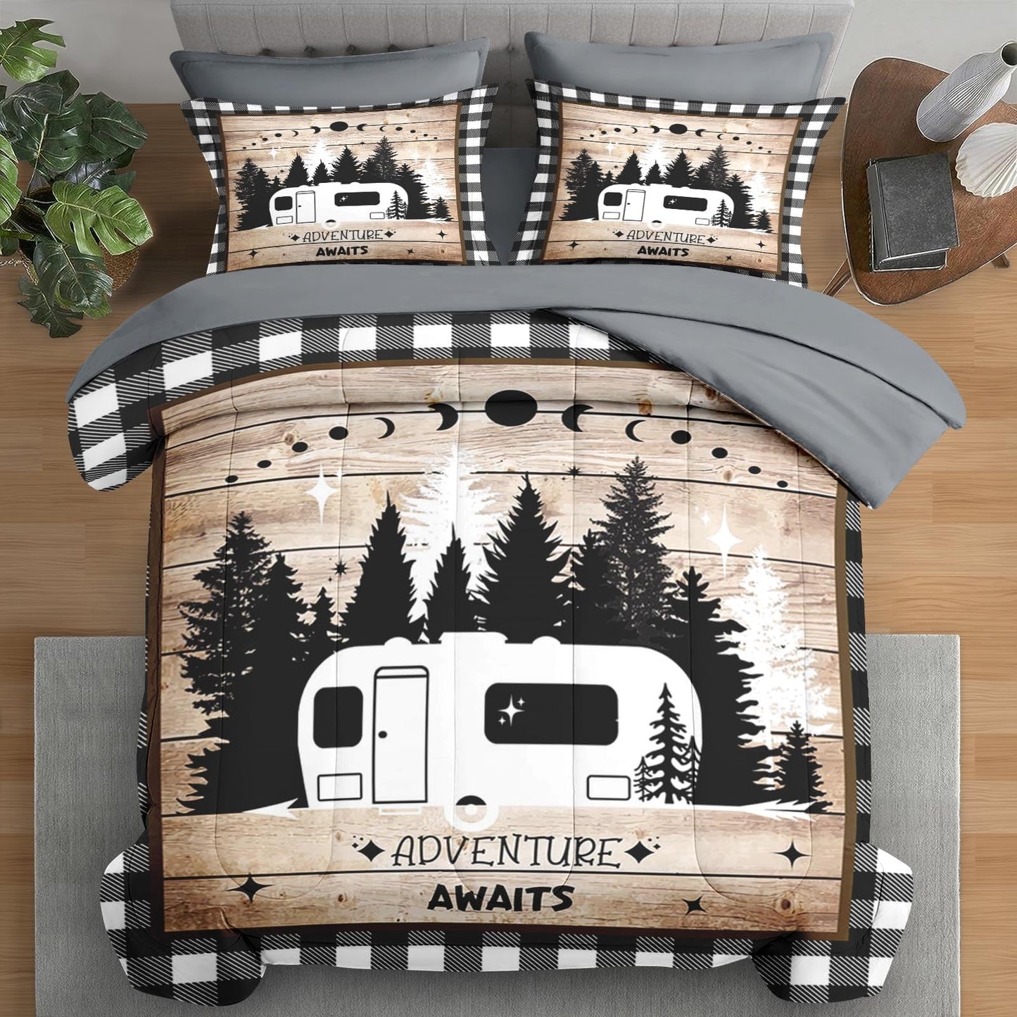 Pamnest Comforter Set Queen Size, Camper Rv Camping 7 Pcs Bedding for Kids and Adults, Car Bed Sheet Sets with Fitted Sheet 2 Pillowcases & 2 Shams for Bedroom Bed Decor