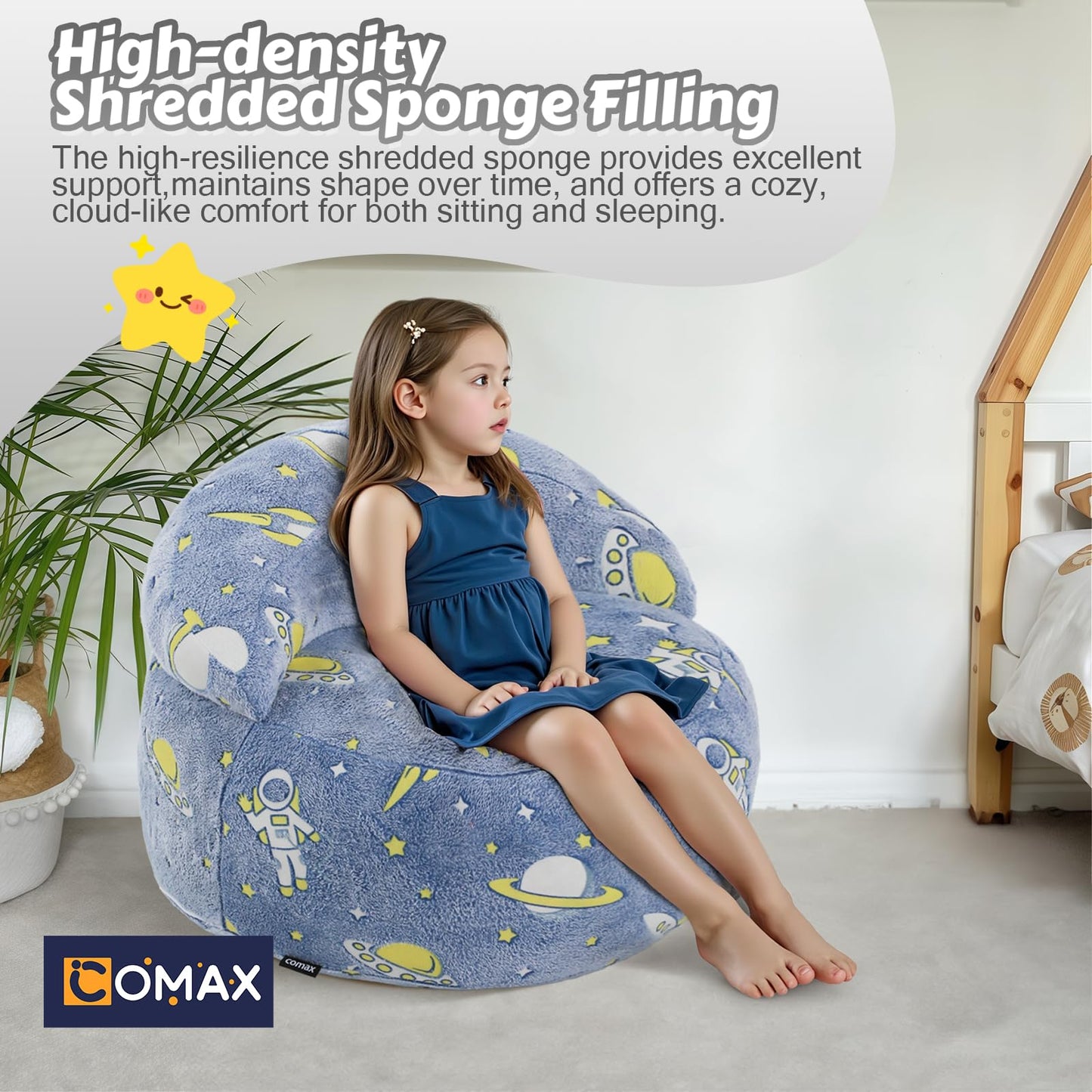 COMAX Bean Bag Chair for Kids, Dinosaur Convertible Toddler Beanbag Bed, Children Bean Chair Stuffed to Floor Mattress with Filler, Blue Universe