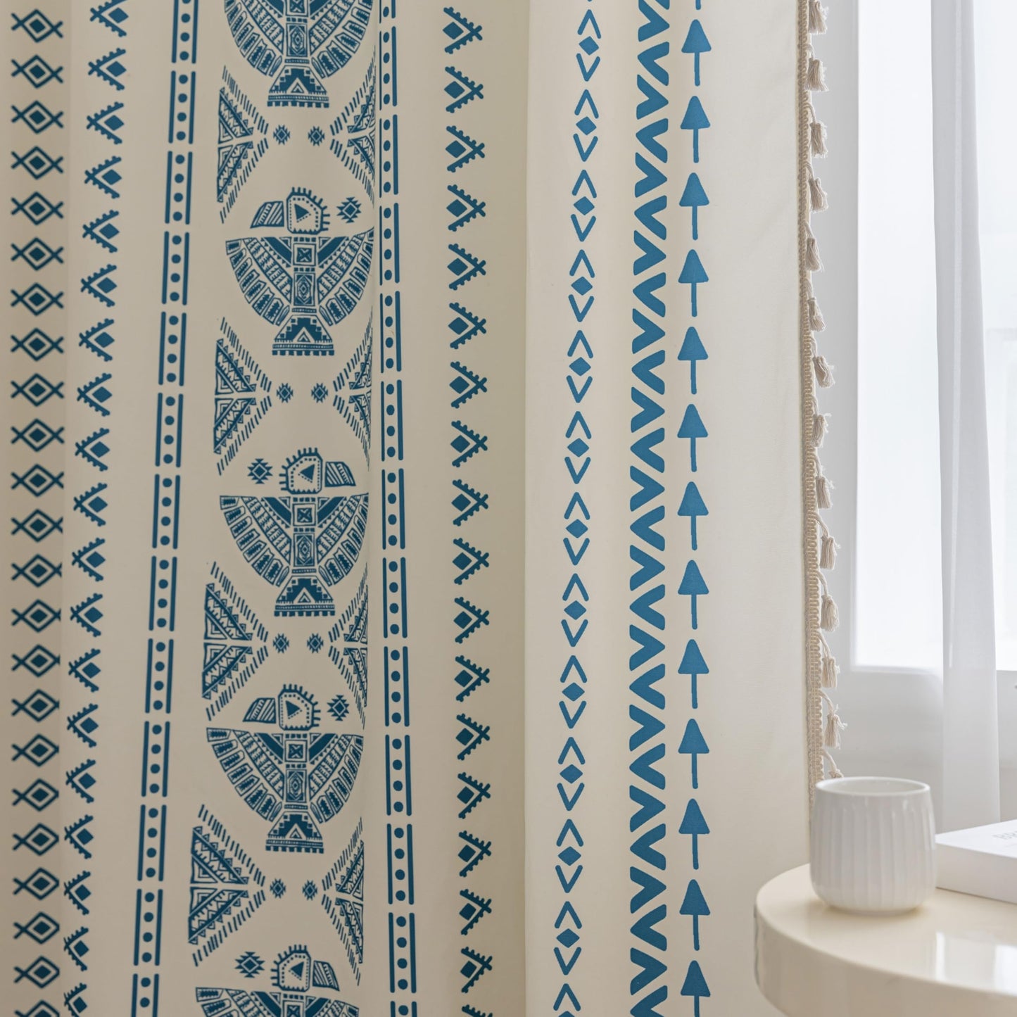 Erbnaryx Blue Geometric Curtains 72 Inches Long, Boho Farmhouse Light Filtering Rod Pocket Drapes with Tassel Trim for Bedroom Living Room, 2 Panels