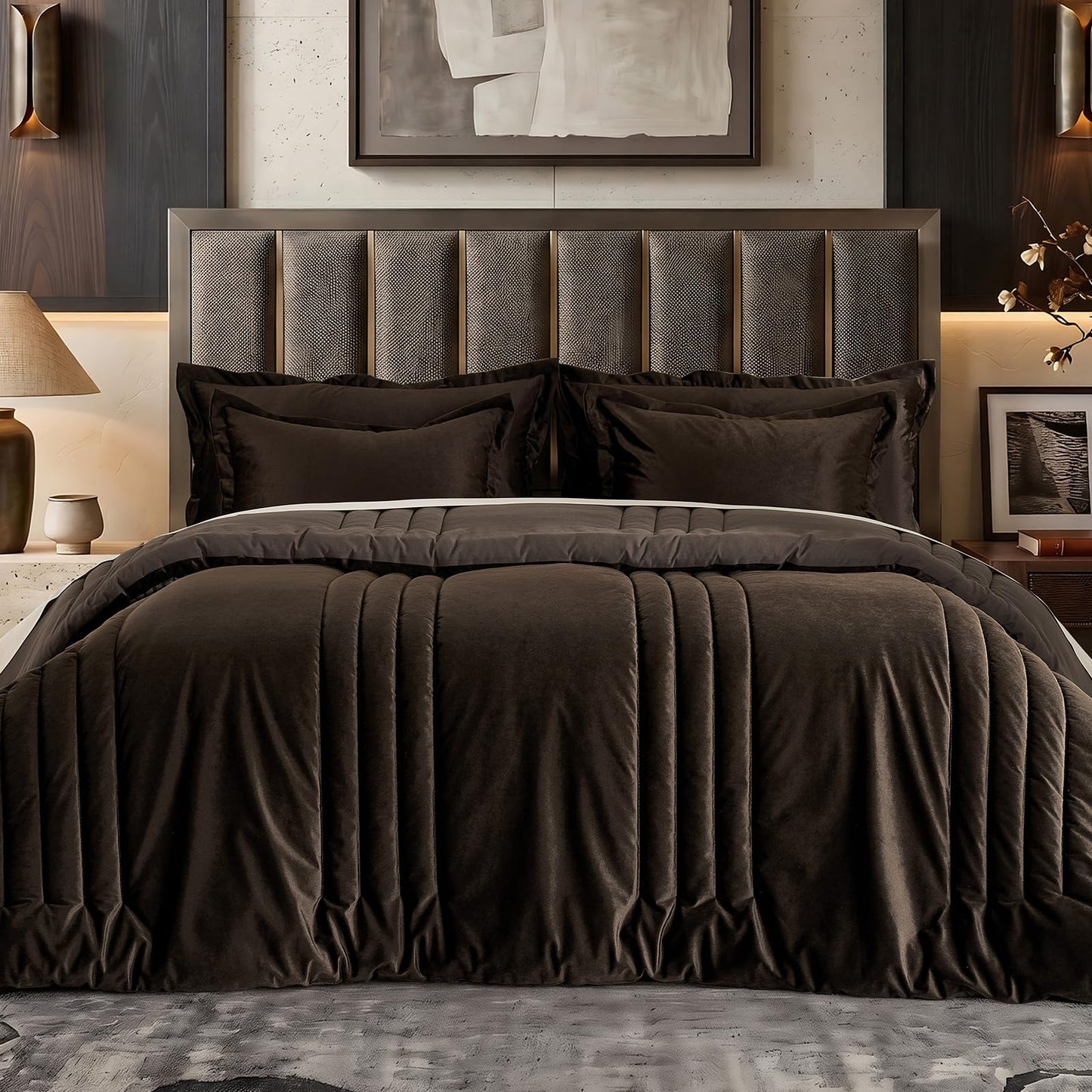 Bedding Velvet King Comforter Sets: Brown 3 Pieces Luxurious Ultra Soft Bed Set Suitable for All Seasons - Chocolate Cozy Striped Farmhouse Rustic Lightweight Men Women Bedroom Comforters with 2 Shams