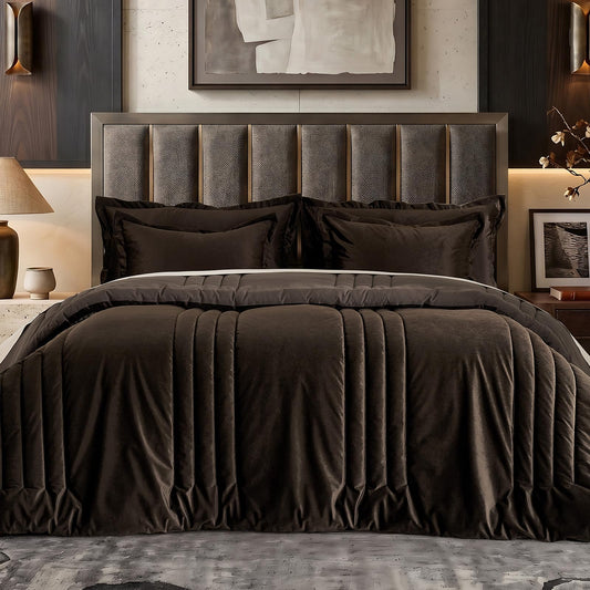 Brown Velvet Bedding Comforter Sets: Queen Size 3 Pieces Luxury Ultra Soft Bed Set Suitable for All Seasons - Chocolate Cozy Striped Modern Rustic Lightweight Men Women Bedroom Comforter with 2 Shams