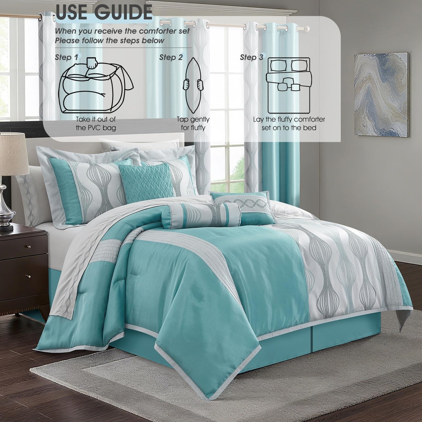LANCO MODERN LIFESTYLE Queen Comforter Set, Blue, 15 Pieces Room in a Bag, Ultra Soft Jacquard with Patchwork, Luxury Bed Set with Sheets, Curtains, Bed Skirt, Pillow Shams, Cases and Pillows