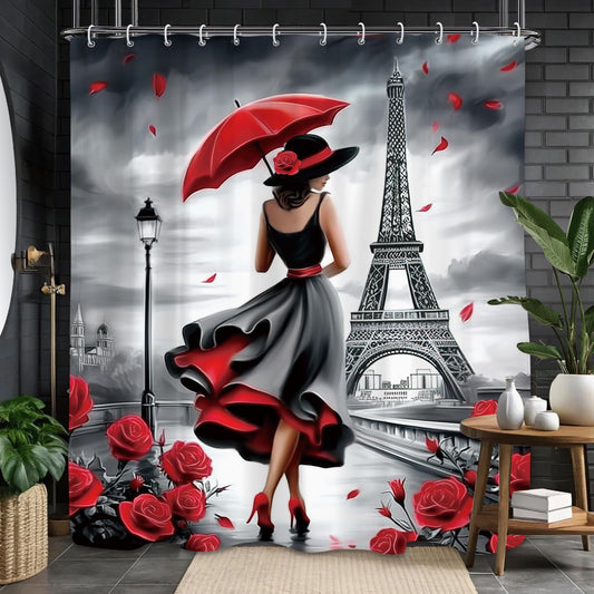 Glioown Black Red Paris Eiffel Tower Shower Curtain 60Wx71L, Elegant Lady Romantic Shower Curtains for Bathroom, Rose Scenery Shower Curtain Set 12 Pack Hooks