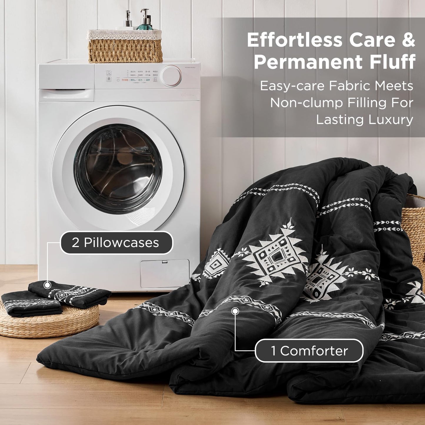 Baskbed Black Boho Embroidered Comforter Set Queen, 3 Piece Western Shabby Chic Bedding, Ultra Soft Fluffy Microfiber Comforter with 2 Pillowcases, All Season & Oeko-TEX Certified