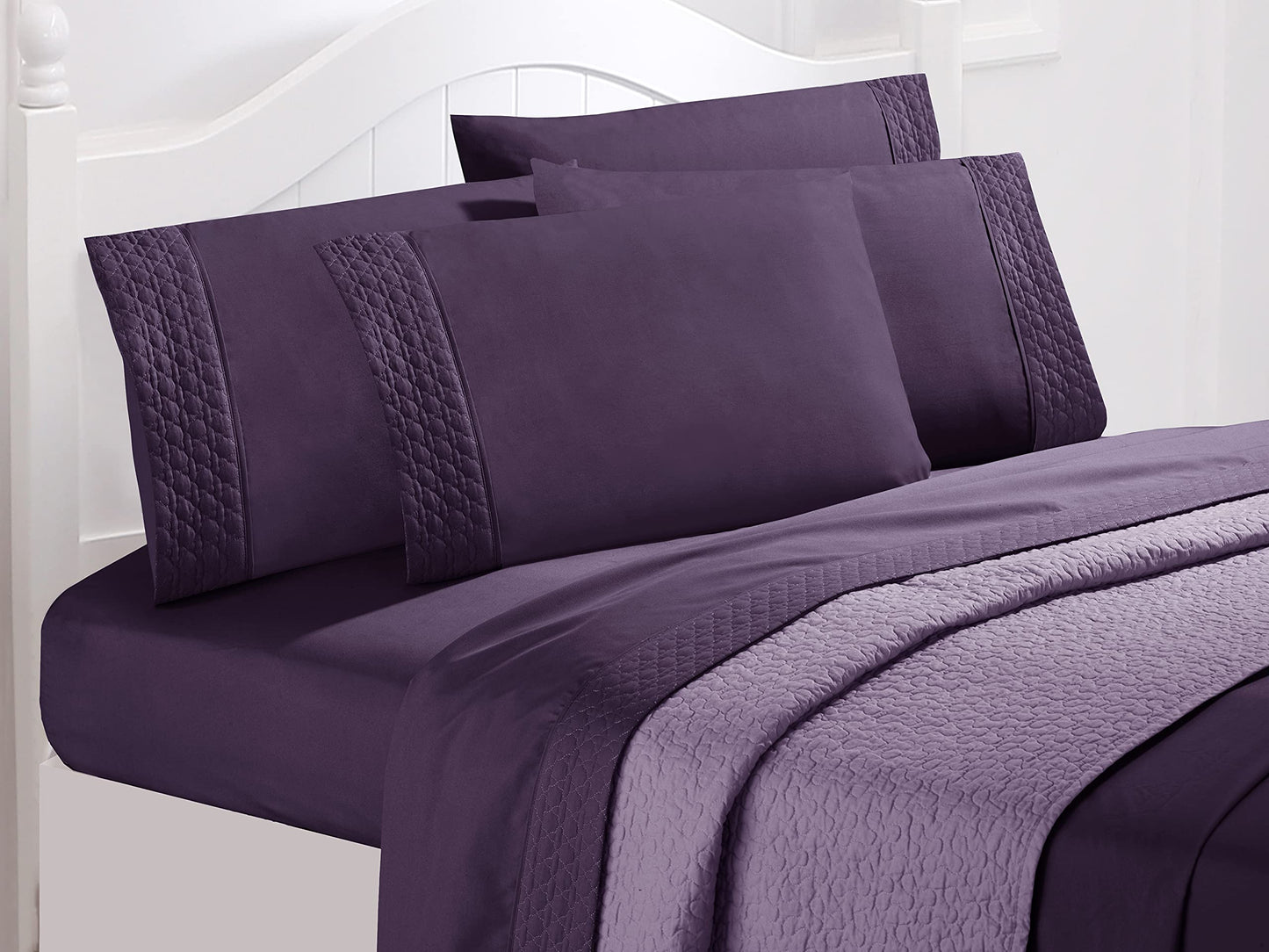 Elegant Comfort Luxury Soft Coziest 4-Piece Bed Sheet Set 1500 Thread Count Egyptian Quality Microfiber Wrinkle Resistant Beautiful Quilted Design on Flat Sheet and Pillowcases, King, Eggplant-Purple