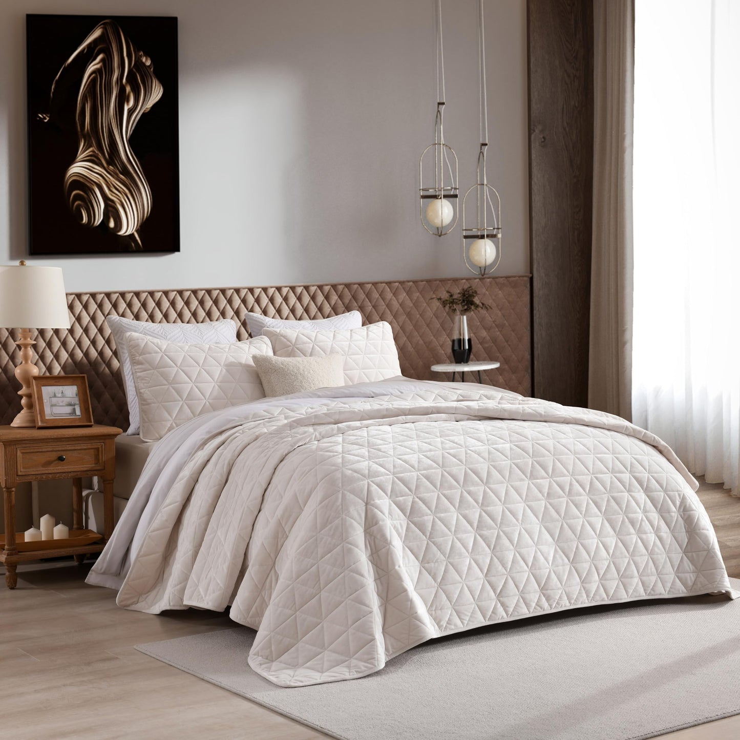 Homzard Velvet Quilt Set Queen Size Bedding Set, Cream White Velvet Comforter, Luxury Bedspreads Queen Size, Cream White Bedding,Soft Lightweight Quilts for All Season