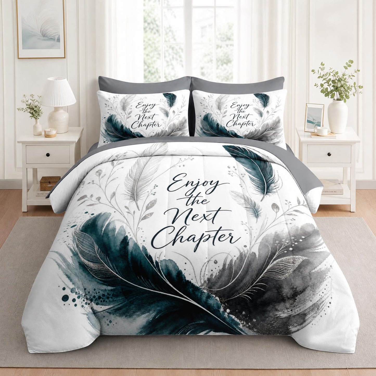 Boewywh Comforter Set Twin Size Feather Retirement Graduation 7 Pcs, Bedding for Kids and Adults, Boho Teal Bed Sheet Sets with Fitted Sheet 2 Pillowcases & 2 Shams for Bedroom Bed Decor
