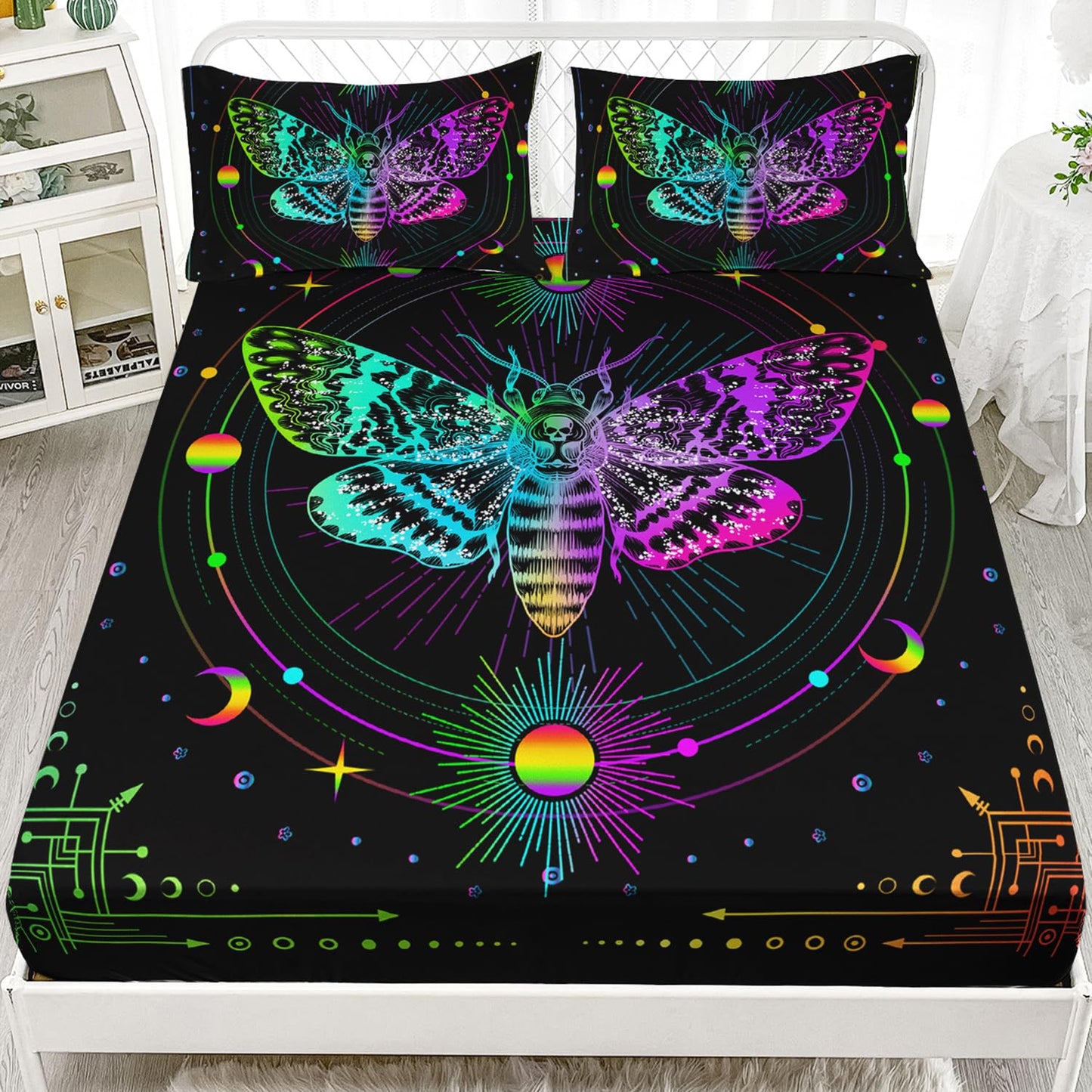 HOSIMA Moth Fitted Sheet Twin,Gothic Aesthetic Room Decor,Halloween Whimsigoth Bed Set Rainbow Stars Moon Boho Bedding,Death Moth Skull Bedding Sets for Girls Adults.