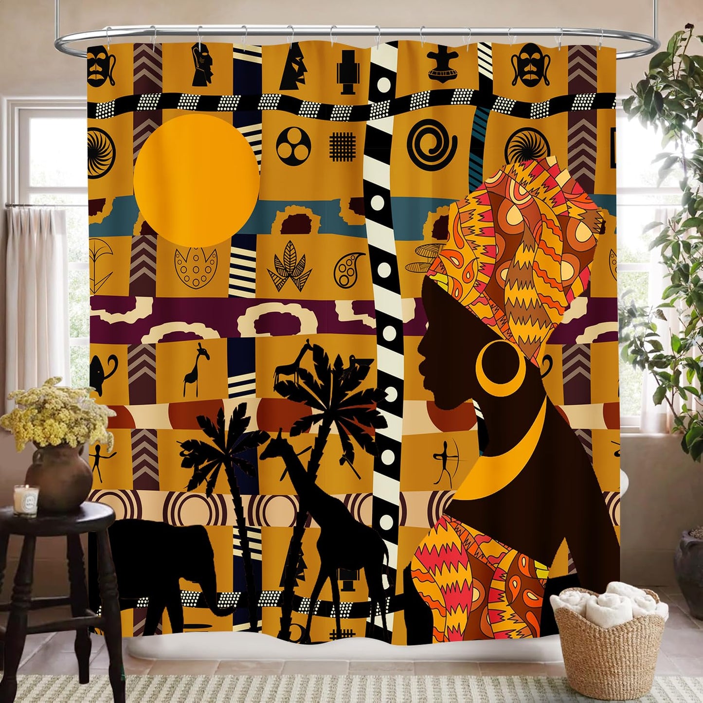 SHADIORA African Shower Curtain, Traditional African Tribal Indian Black Woman Abstract Geometric Ethnic Pattern Brown Rustic Waterproof Fabric Bathroom Shower Curtain Set with Hooks, 72"x72"