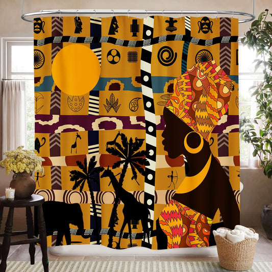 SHADIORA African Shower Curtain, Traditional African Tribal Indian Black Woman Abstract Geometric Ethnic Pattern Brown Rustic Waterproof Fabric Bathroom Shower Curtain Set with Hooks, 72"x72"