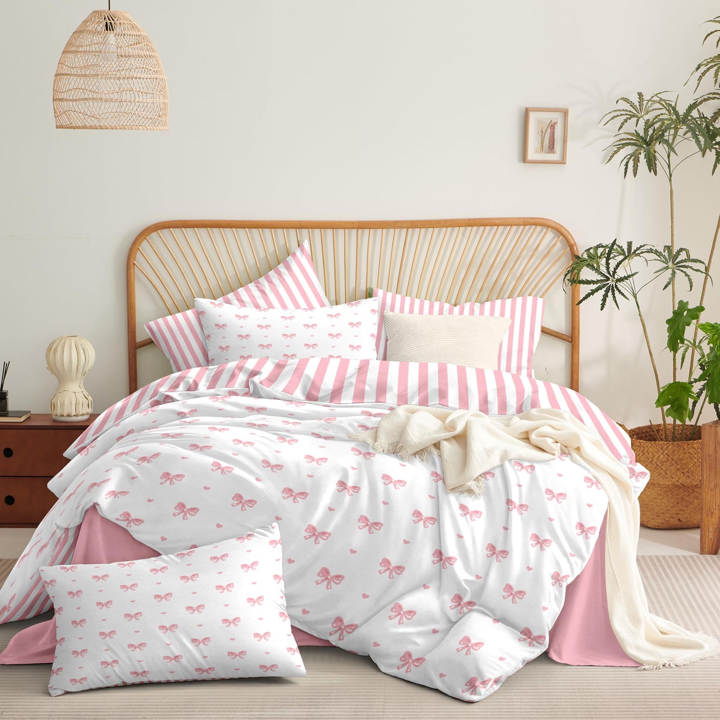 Sedefen Bow Duvet Cover Queen Size Pink Striped Heart Bedding Set Cute Love Heart Printed On White Comforter Cover with Zipper Closure Soft Breathable Microfiber for Kids Girls