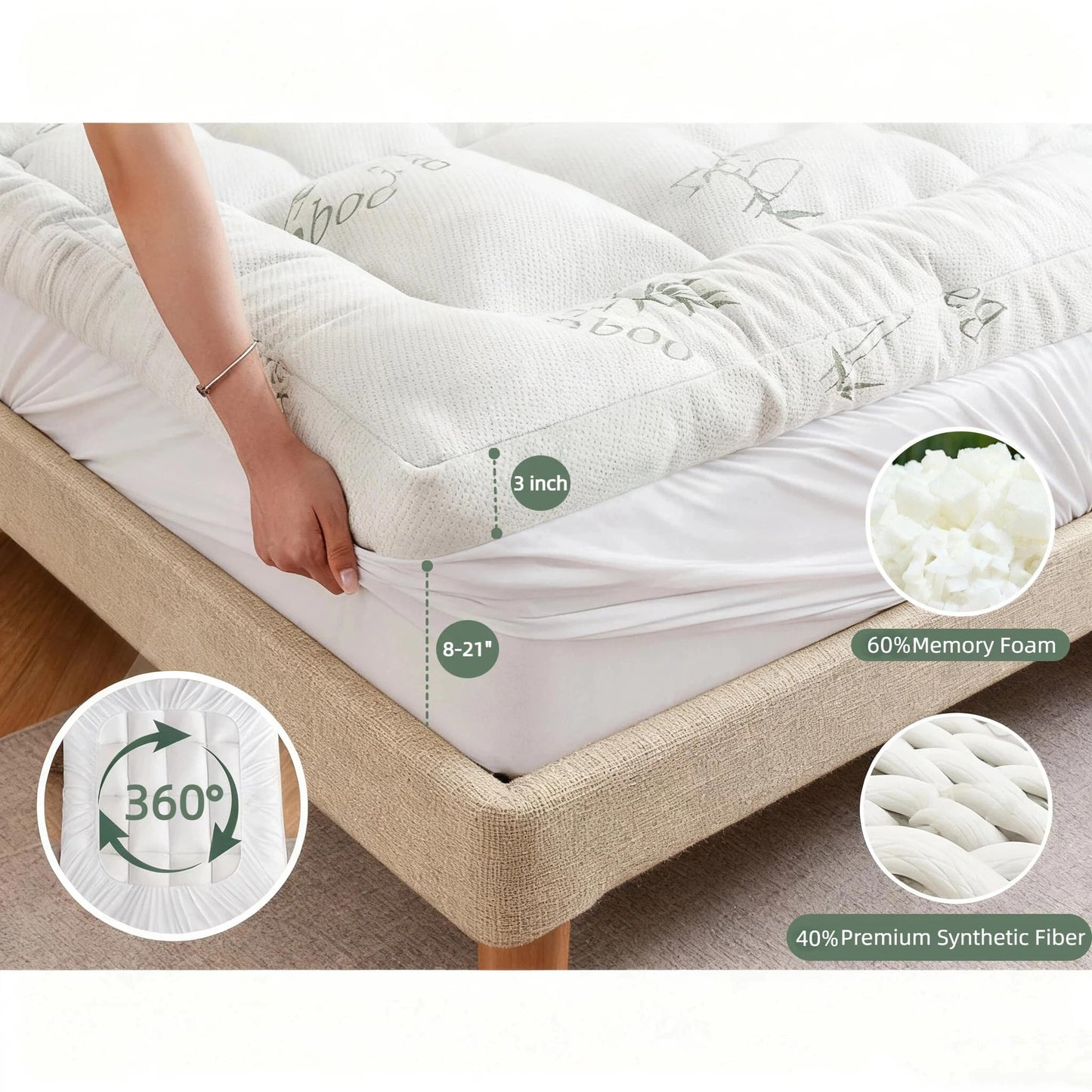 NightHug Bamboo Mattress Topper Queen Size with Deep Pocket 1700 GSM Fill Cooling Shredded Memory Foam Mattress Pad Rayon Derived from Bamboo, Ideal for Side Sleepers, Back Pain, Hot Sleepers