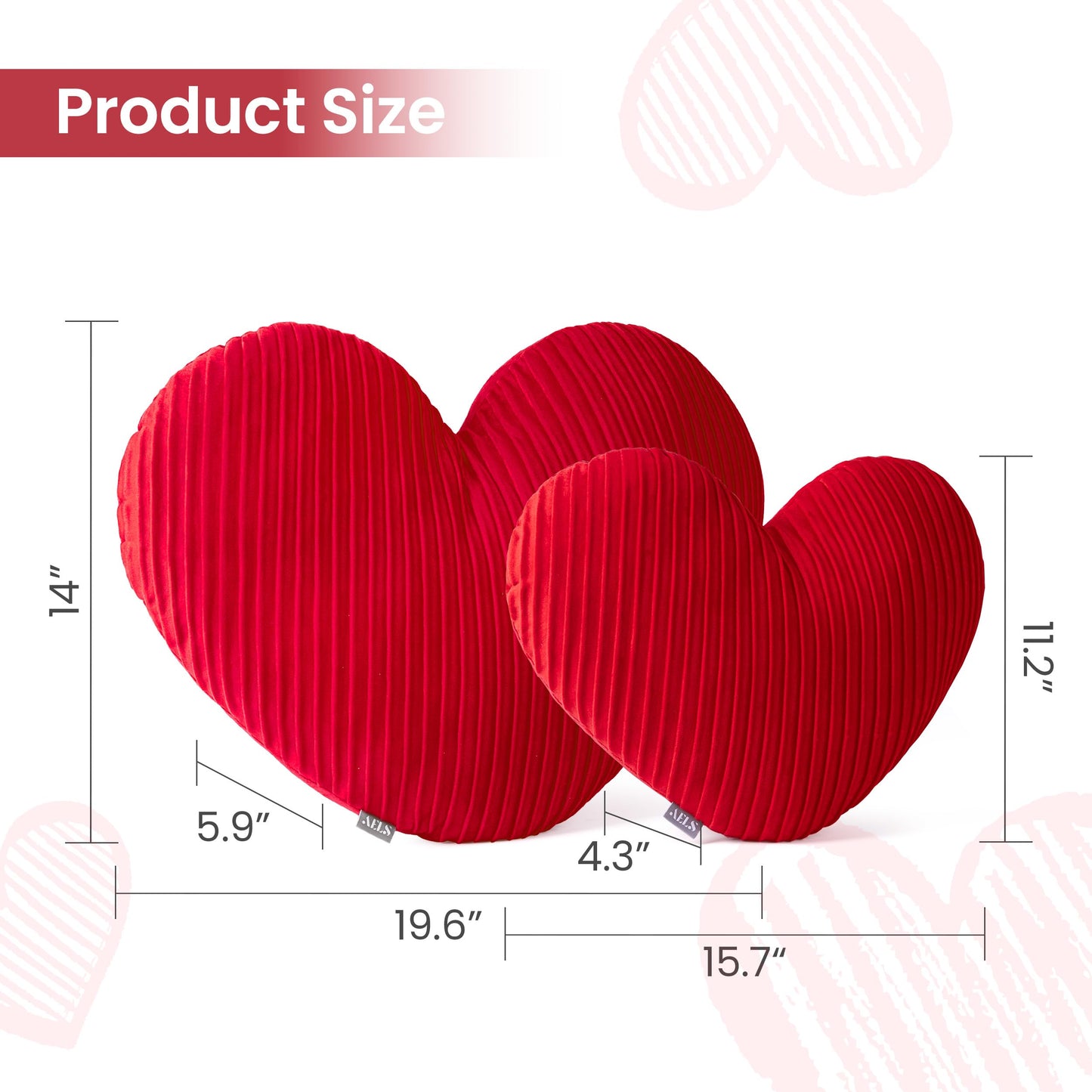 AELS Heart Shaped Pillow, Set of 2, Pleated Velvet Love Pillows, 20 & 16 Inches Decorative Throw Pillows, Valentines Day, Wedding, Living Room, Bedroom, Nursery Decor, Red