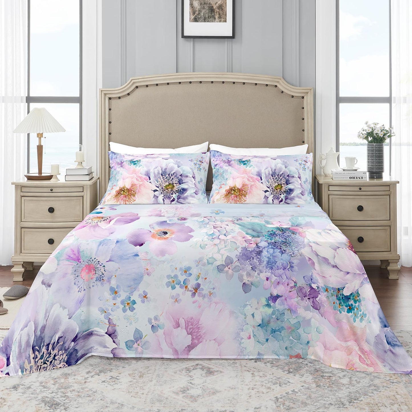 YIYEA Floral Sheets King Size, Premium Double Brushed Microfiber Bed Sheet Set for All Season, Soft Breathable, 16" Deep Pocket, Shrinkage and Fade Resistant, 4PC, King