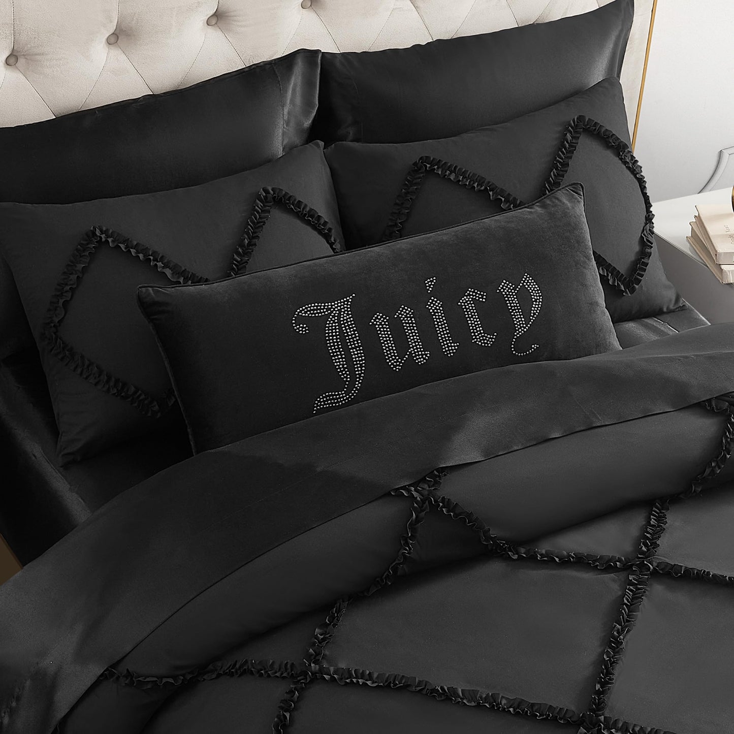 Juicy Couture Silver Rhinestone Decorative Pillow - Premium Throw Pillow - Living Room and Bedroom Décor - Hannah 16" x 36", Black Velvet