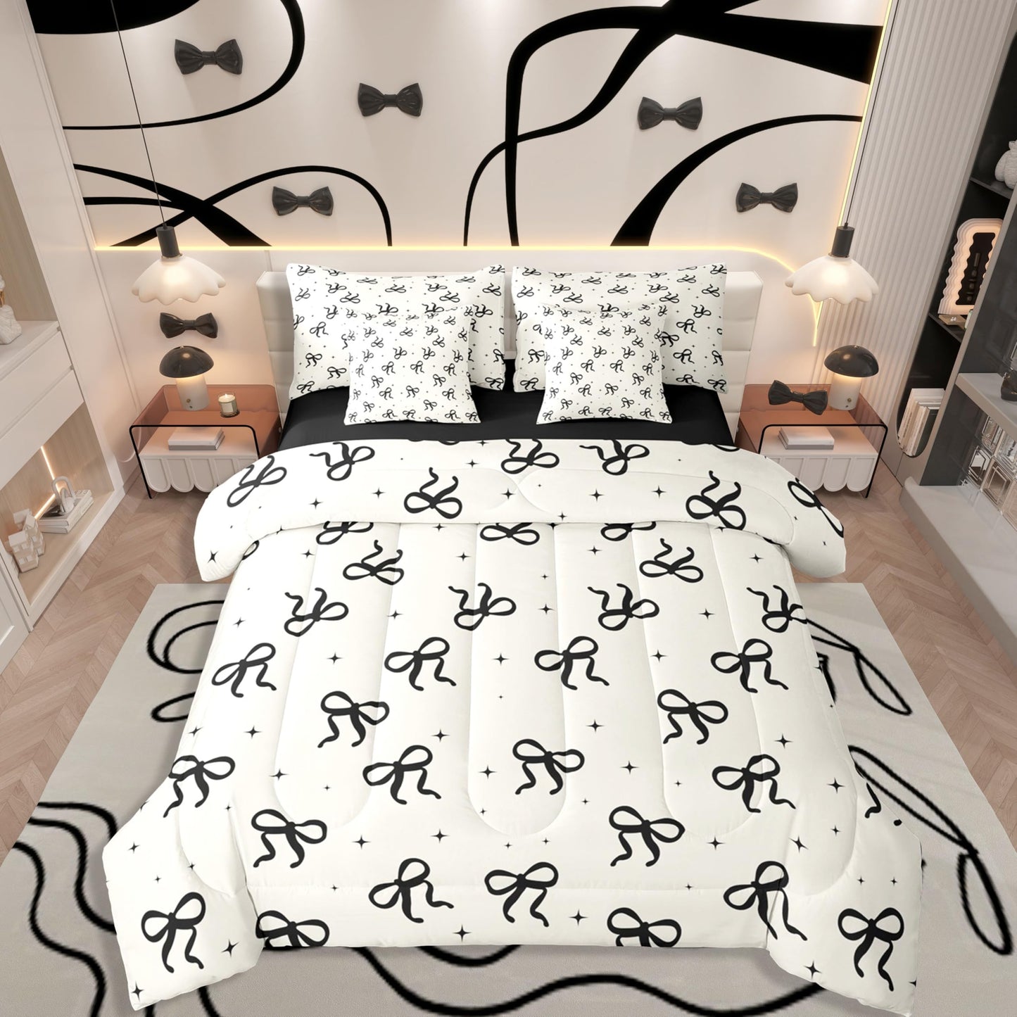 Erosebridal Black and Beige Bow Comforter Set with Sheets Teen Girls Coquette Bow Twin Size Bedding Modern Fashion Bed in A Bag 7-Piece for Women Minimalists Aesthetic Bowknot Bed Collections