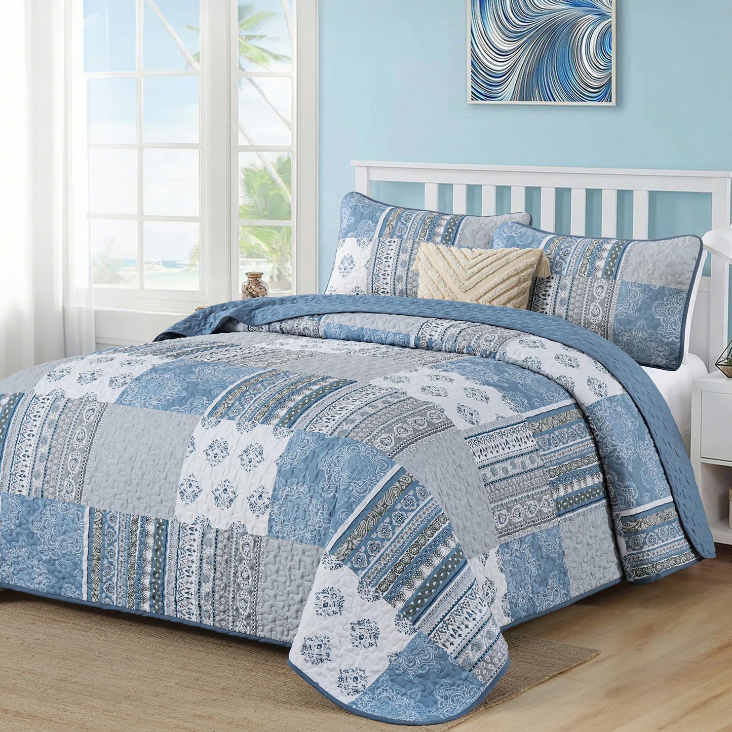 Dintszyayue Boho Quilt Set Queen Size Patchwork Bedspread Coverlets, Blue/Gray Bohemian Plaid Quilt Bedding Set Soft Microfiber Summer Bedding Bedspread Set, 96''x90''