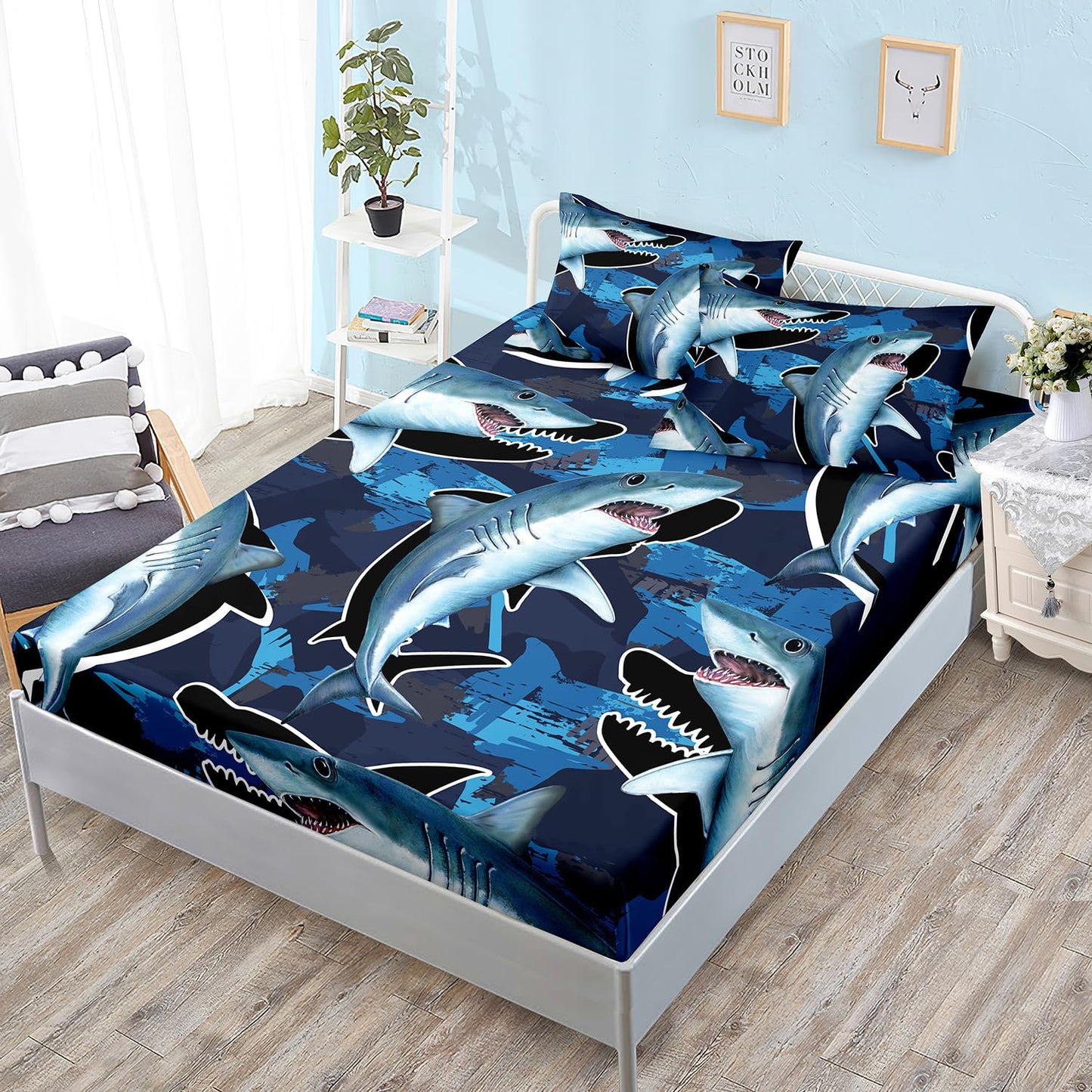 HOSIMA Blue Shark Fitted Sheet Set for Adults Kids,Cartoon Shark Pattern Bedding Set Full Size,Blue Ocean Animal Themed Fitted Sheet Set for Boys Room Decor,1 Fitted Sheet+2 Pillowcases.
