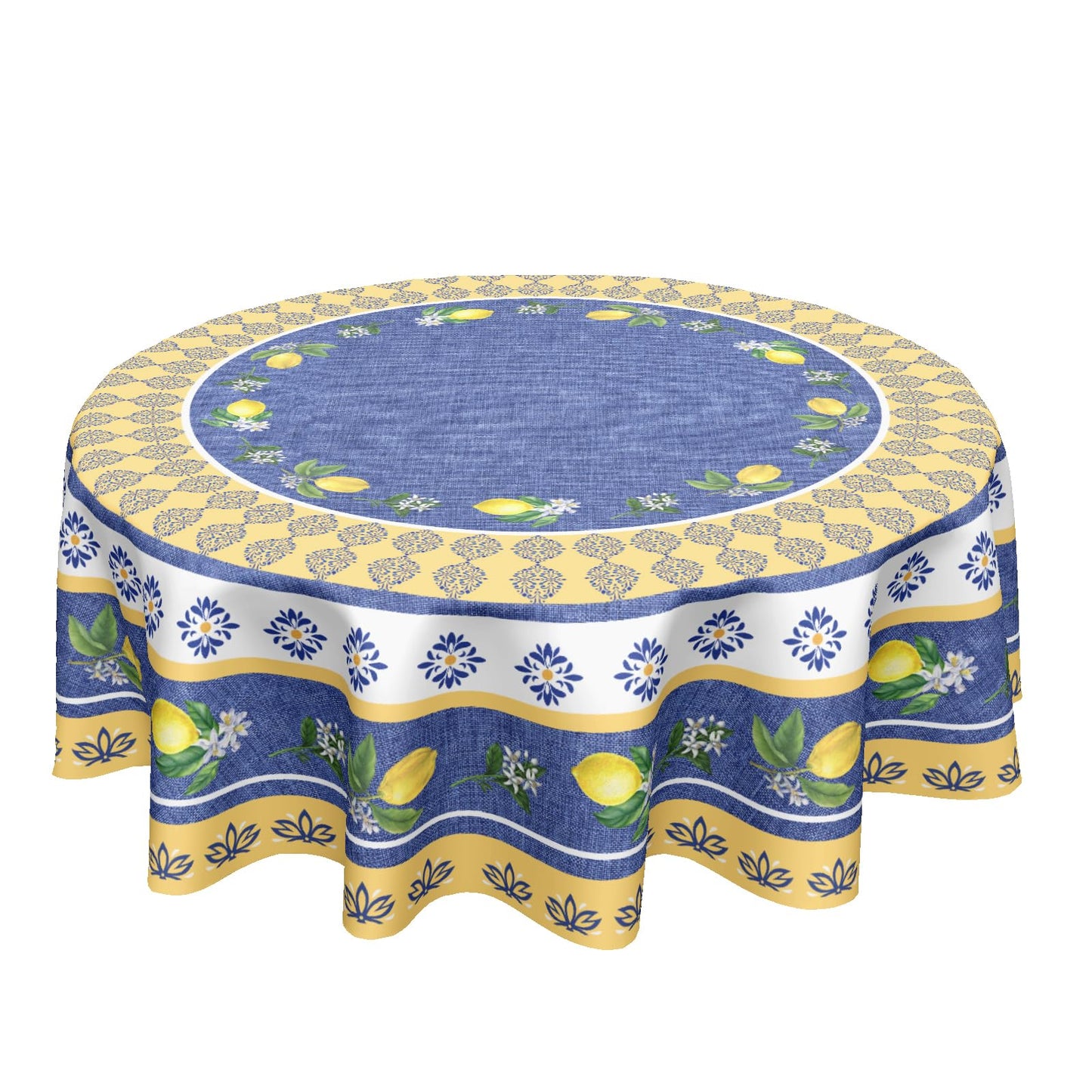 Kawani Lemon Round Tablecloth 70 Inch Blue Yellow French Country Style Fruit Floral Print Table Cloth Rustic Farmhouse Table Cover for Kitchen Dining Room Party Home Decor