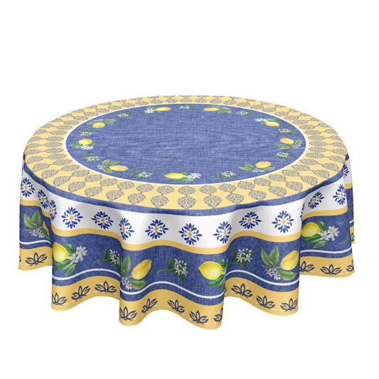 Kawani Lemon Round Tablecloth 70 Inch Blue Yellow French Country Style Fruit Floral Print Table Cloth Rustic Farmhouse Table Cover for Kitchen Dining Room Party Home Decor