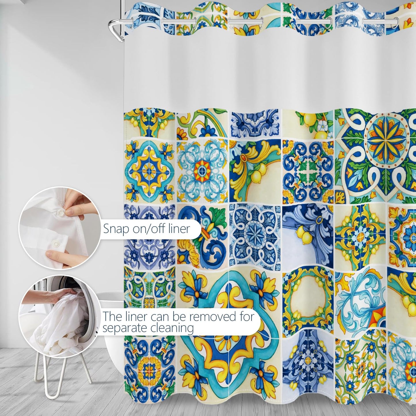 No Hook Shower Curtain with Snap in Fabric Liner Set, Waterproof & Washable, Boho Mediterranean Blue Yellow Lemon Floral Shower Curtains for Bathroom, Colorful Bathroom Curtain, House Gift, 71x74 inch