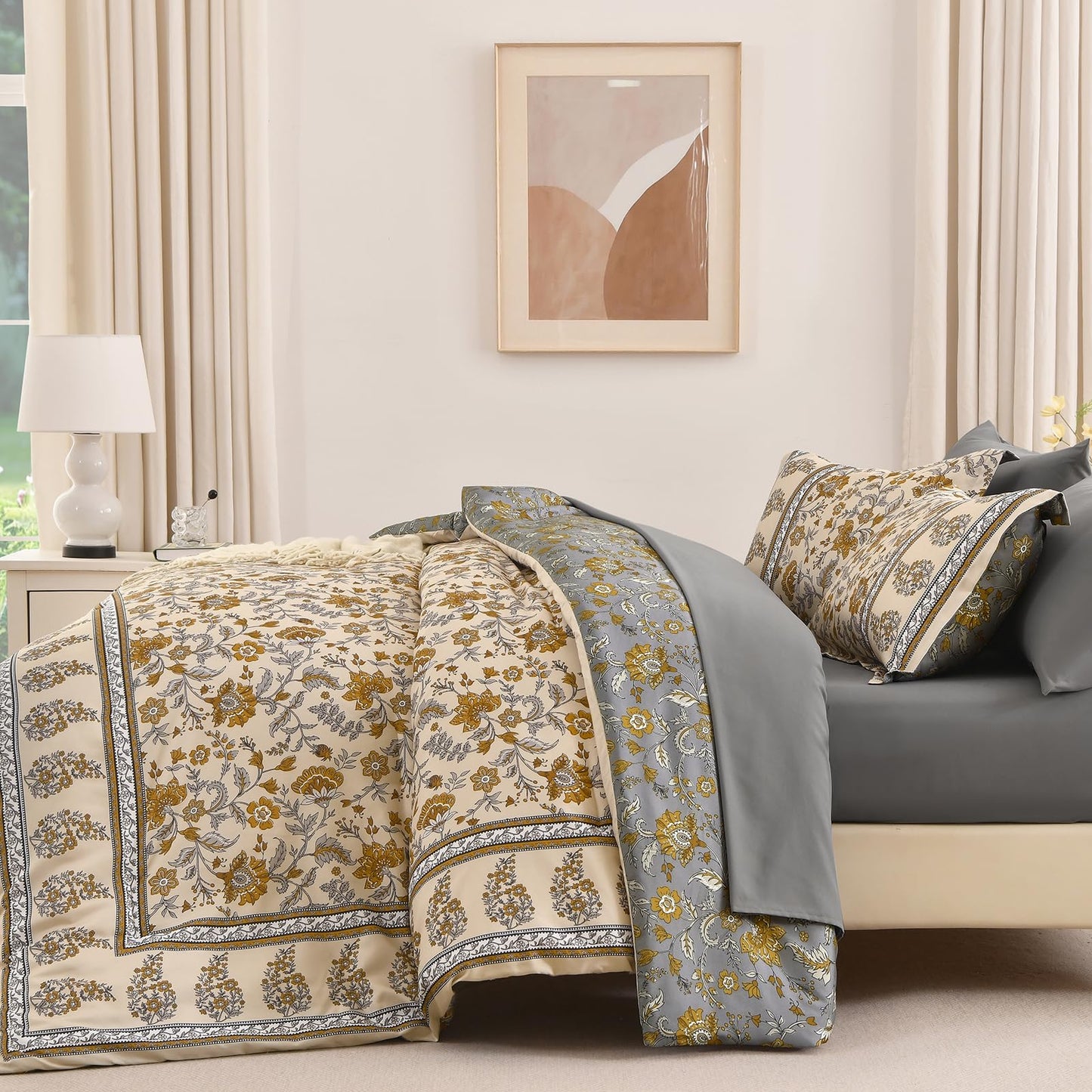 Dinjoy Boho Comforter Set Queen,Beige Brown Bedding Paisley Floral 7 Piece Bed in a Bag Reversible Lightweight Bohemain Comforters with Sheet Sets for All Season