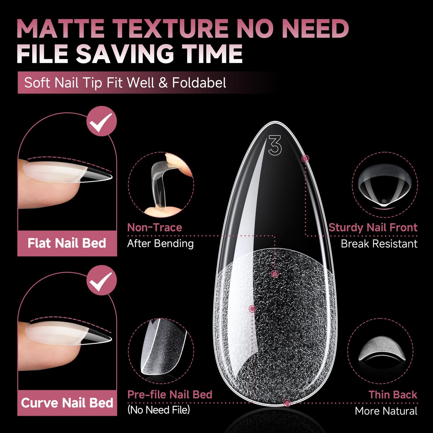 UNA GELLA Medium Almond Gel Nail Tips Half Matte 312pcs Almond Gel Nails No C Curve Clear False Fake Nails Effective Nail Extensions for DIY Art Salon-Level Press On Nails, 12 Sizes