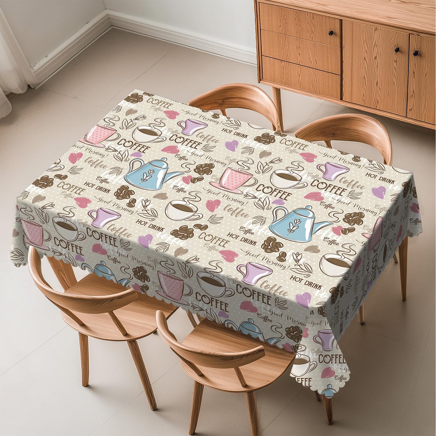 LALIMEYA Coffee Print Tablecloth Beans Polka Dot Rectangle Table Cloth Colorful Tea Cup Heart Doodles Themed Washable Table Cover with Wavy Edging Suitable for Party Dinner 54×72 Inch