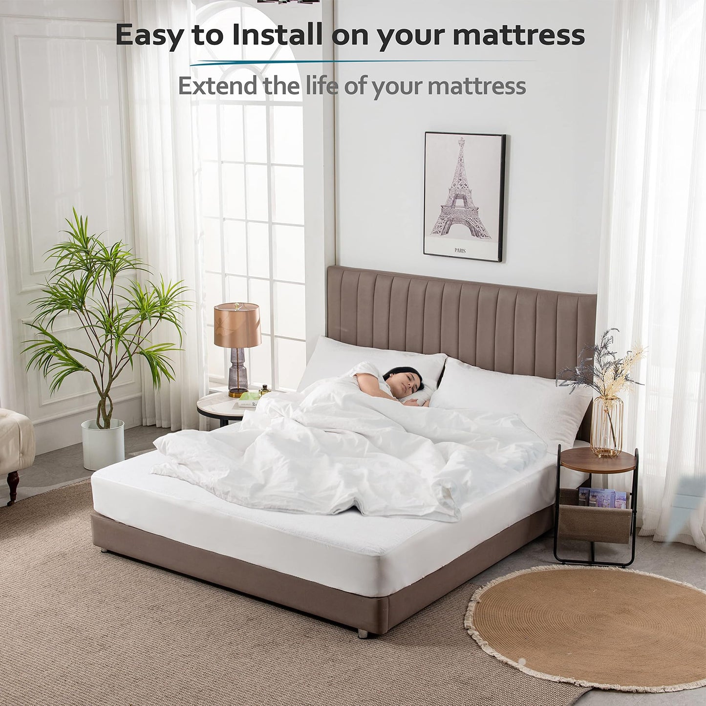 PlushDeluxe Queen Mattress Protector, Breathable Soft Terry Cotton Fitted Sheet Bed Cover with Deep Stretchable Pockets, 100% Waterproof, Noiseless, Hypoallergenic, Dust Mite Proof, 60"x80"x15"