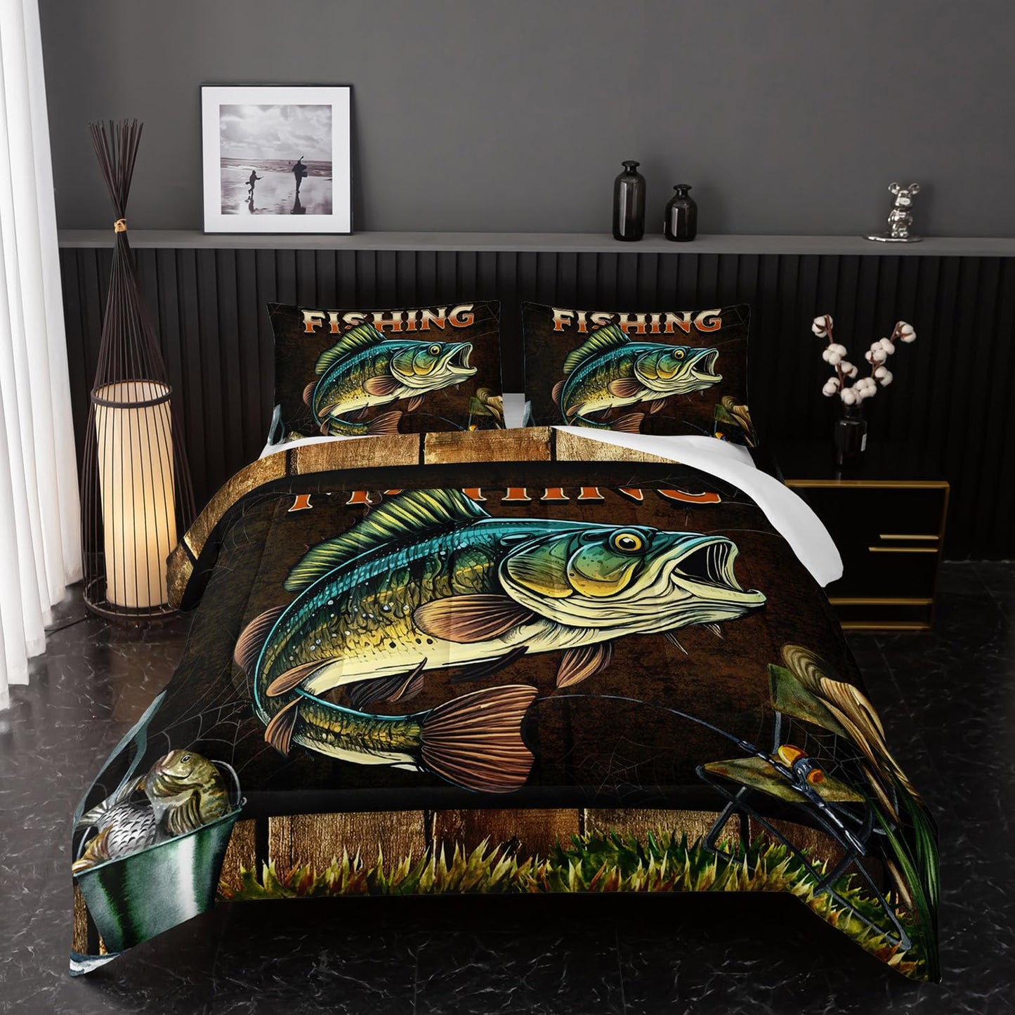Nttopship Big Pike Fish Bedding, Bass Fishing Comforter Set Hunting and Fishing Brown Green Bedding Set Themed Comforter Set for Kids Boys Room Decor, Twin Bed in a Bag for Teens with 2 Pillowcases