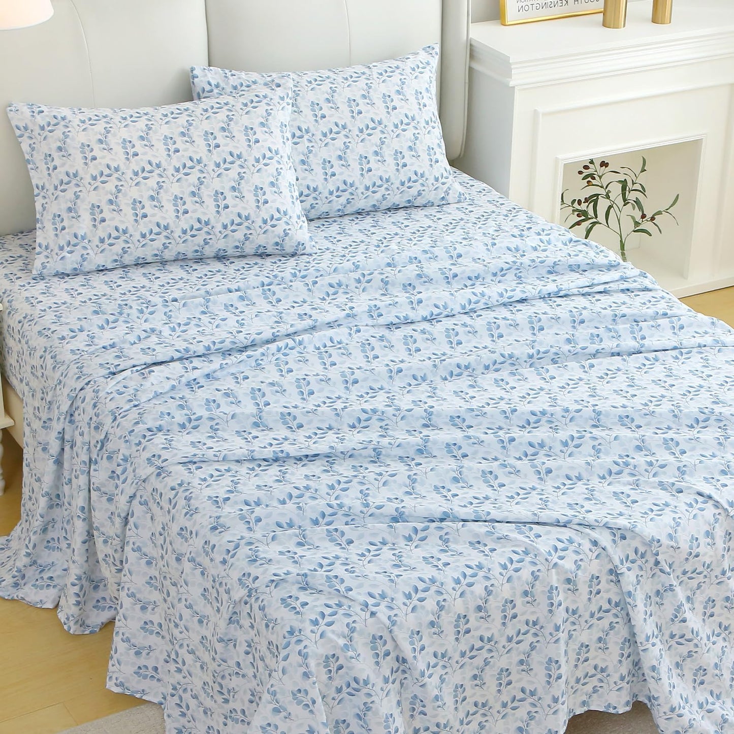 MUXHOMO King Size 4 Piece Sheet Set, Soft Breathable Bed Sheet Set for Bedroom with Deep Pocket Up to 16", Wrinkle-Free & Cooling Bedding for Oeko-TEX Certified - Blue Leaves
