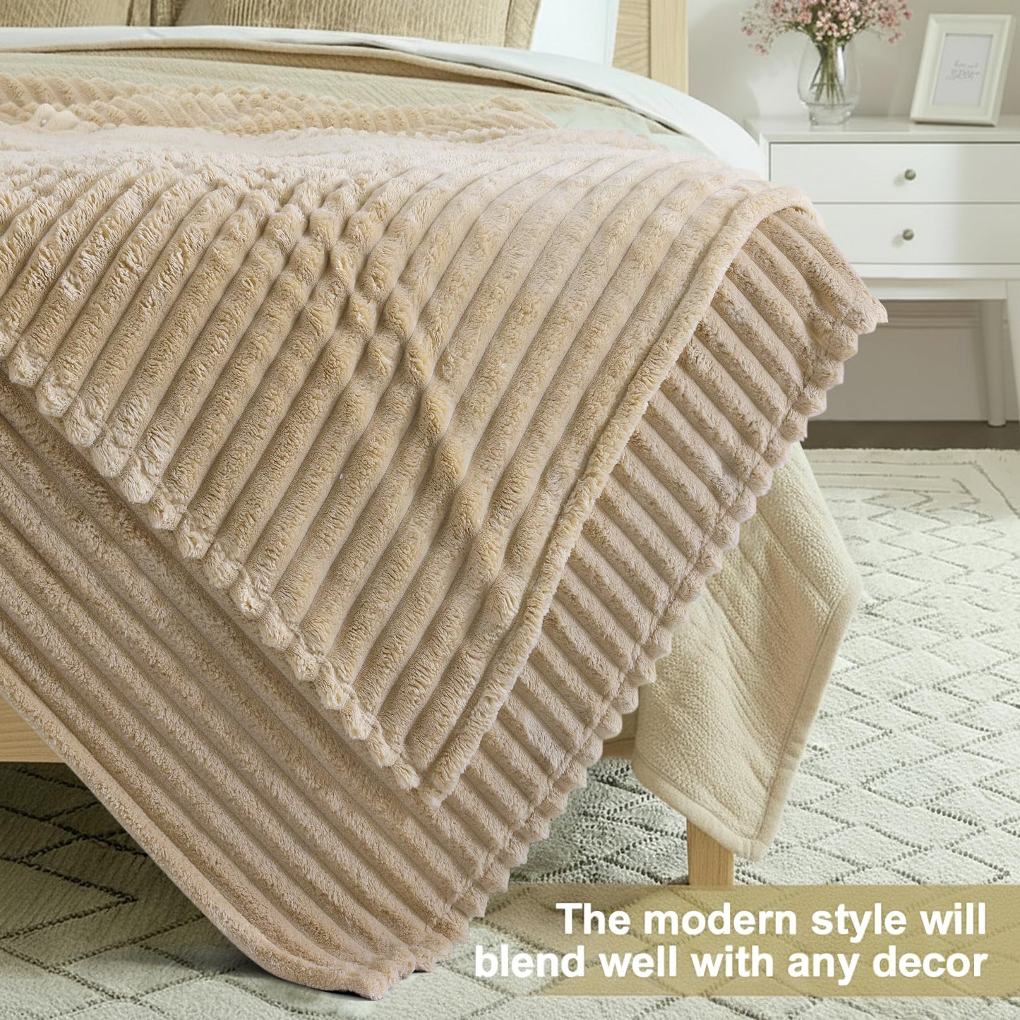 decorUhome Soft Fleece Light Brown Throw Blanket for Couch, Cozy Fluffy Plush Flannel Striped Blanket for Sofa Bed, Lightweight Decorative Ribbed Fuzzy Blanket for Woman, 50x60 Inches
