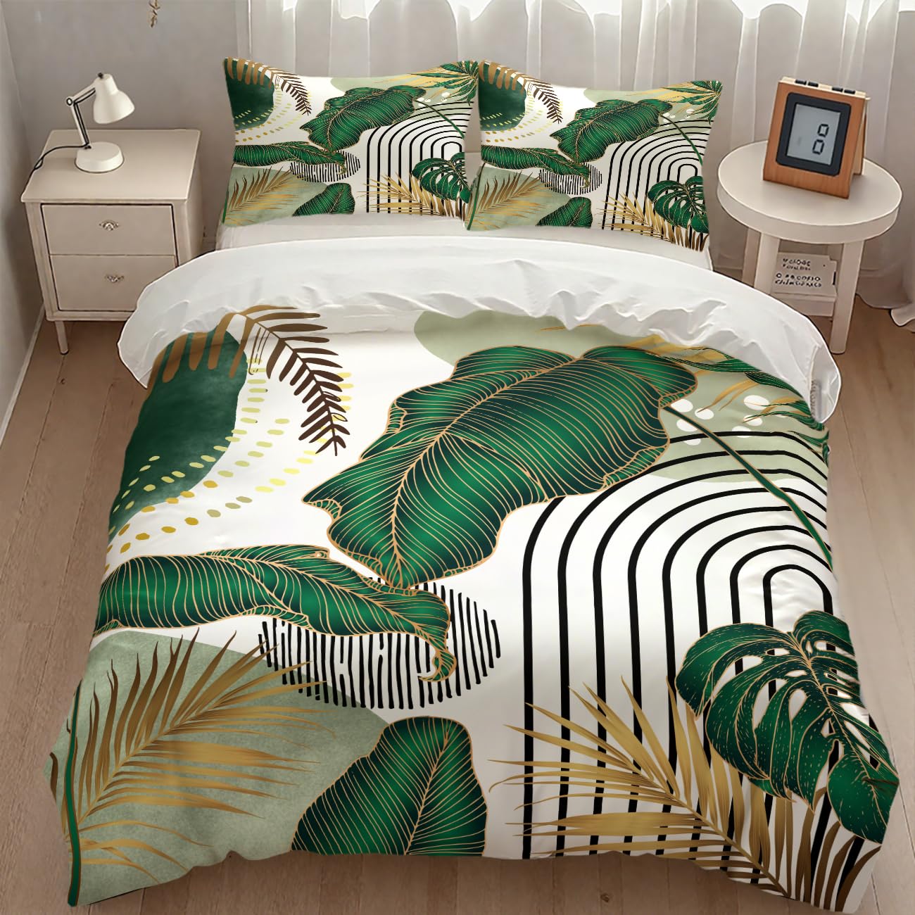 Lnepty Boho Bedding Set,Modern Abstract Tropical Monstera Palm Leaf Plant Minimalist Spring Summer Bohemian Mid Century Comforter Set with Pillowcase for Bedroom Bed Decor，Twin 86"x70"
