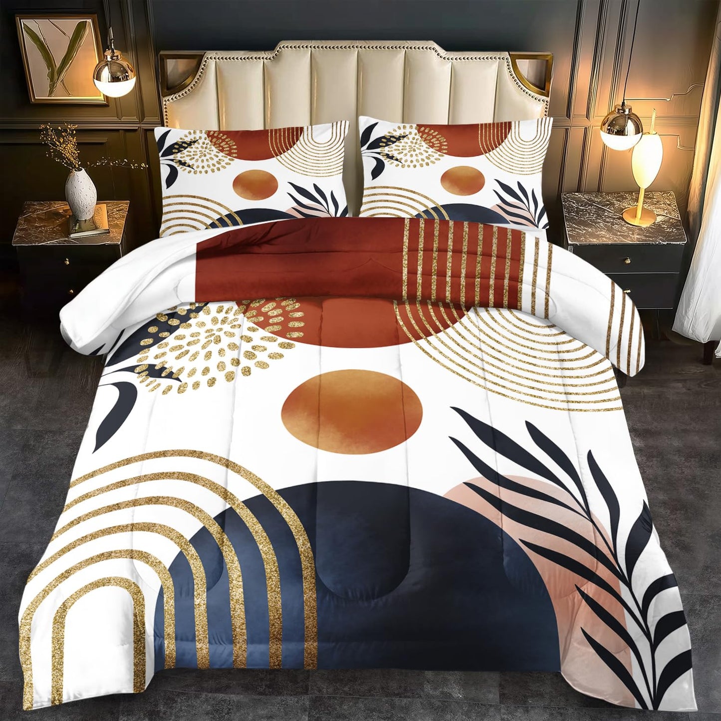 llyxsesty Geometric Yellow Comforter Set King,Mid Century Modern Bedding Set for Kids and Adults,Gold Boho Comforter Bedroom Decor,Shabby Chic Bedding Boho Room Decor