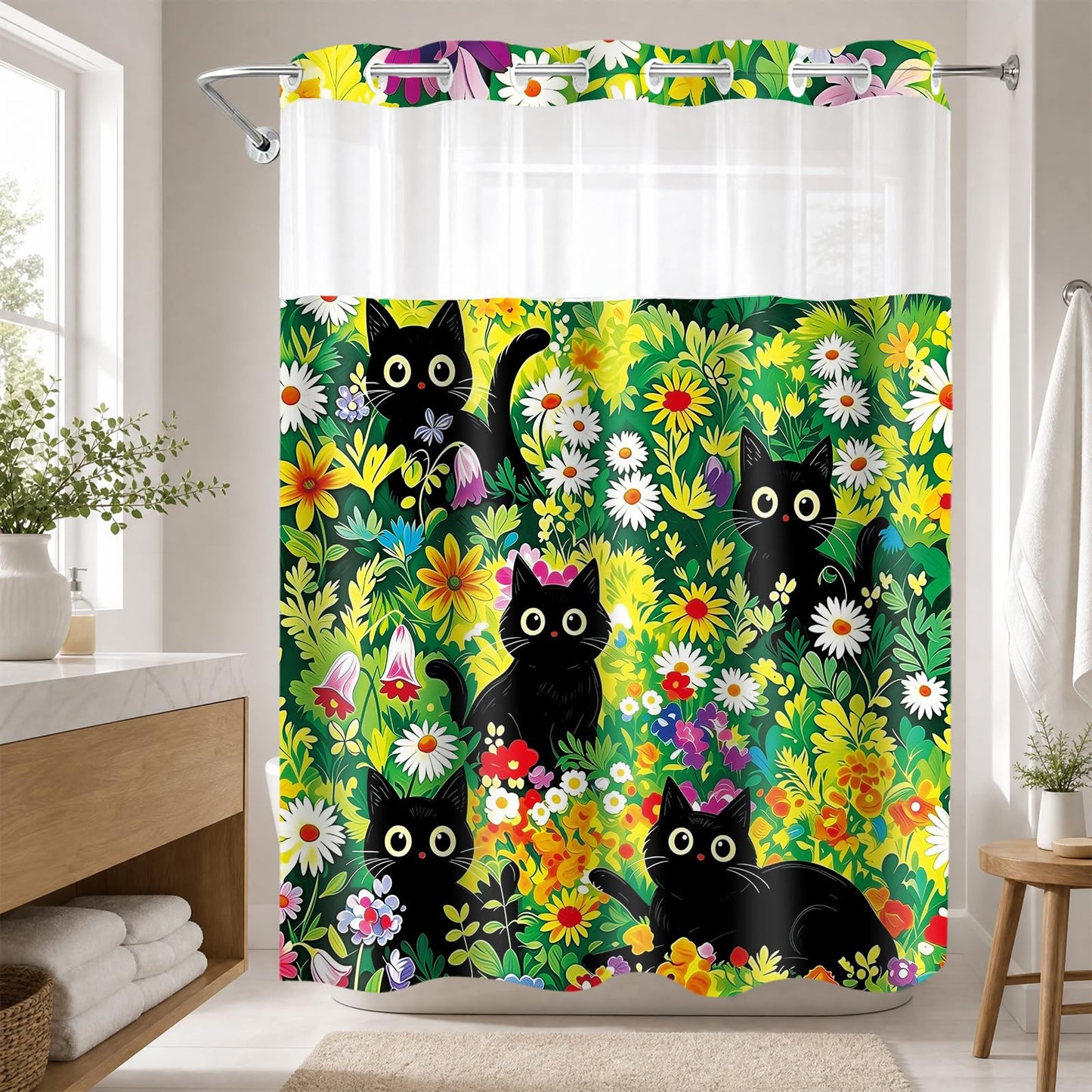 VISSTREE No Hook Shower Curtain and Liner Set, Black Cat Shower Curtain