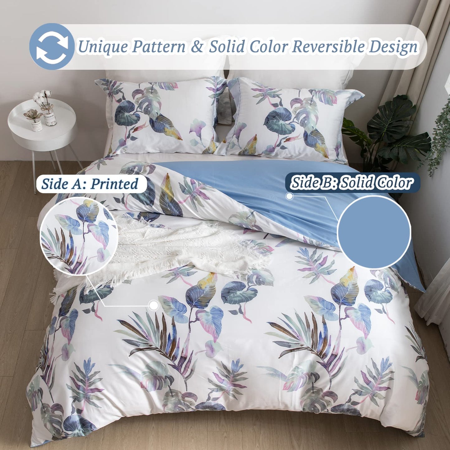 MILDLY Floral Duvet Cover Set - 100% Long-Staple Cotton Palm Leaf Pattern Printed Comforter Cover 3pcs Soft Breathable Luxury Bedding for All Season