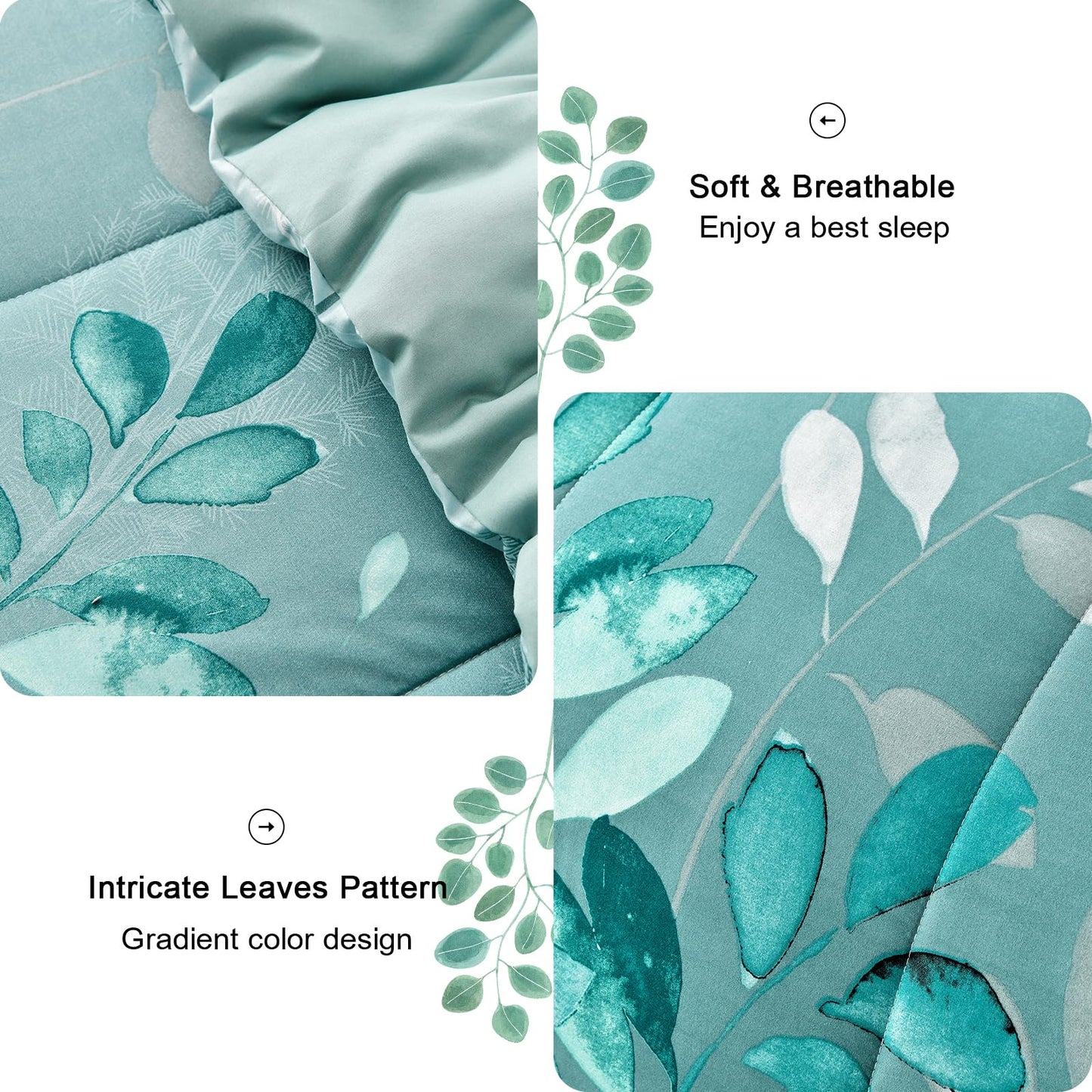 Anibedding Aqua Comforter Set Queen Size, 7 Pieces Botanical Leaves Reversible Soft Microfiber Bed in a Bag with Sheets Set All Season (90"x90")