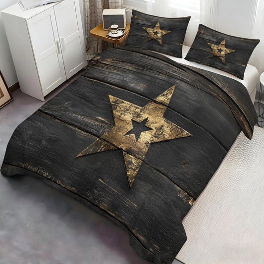 PAISUOQ Rustic Bedding, Texas Star Comforters Queen Size, Vintage Wood Grain Duvet Cover with 2 Pillowcases, 3 Pieces with Zipper & Ties, Home Decor & Gifts