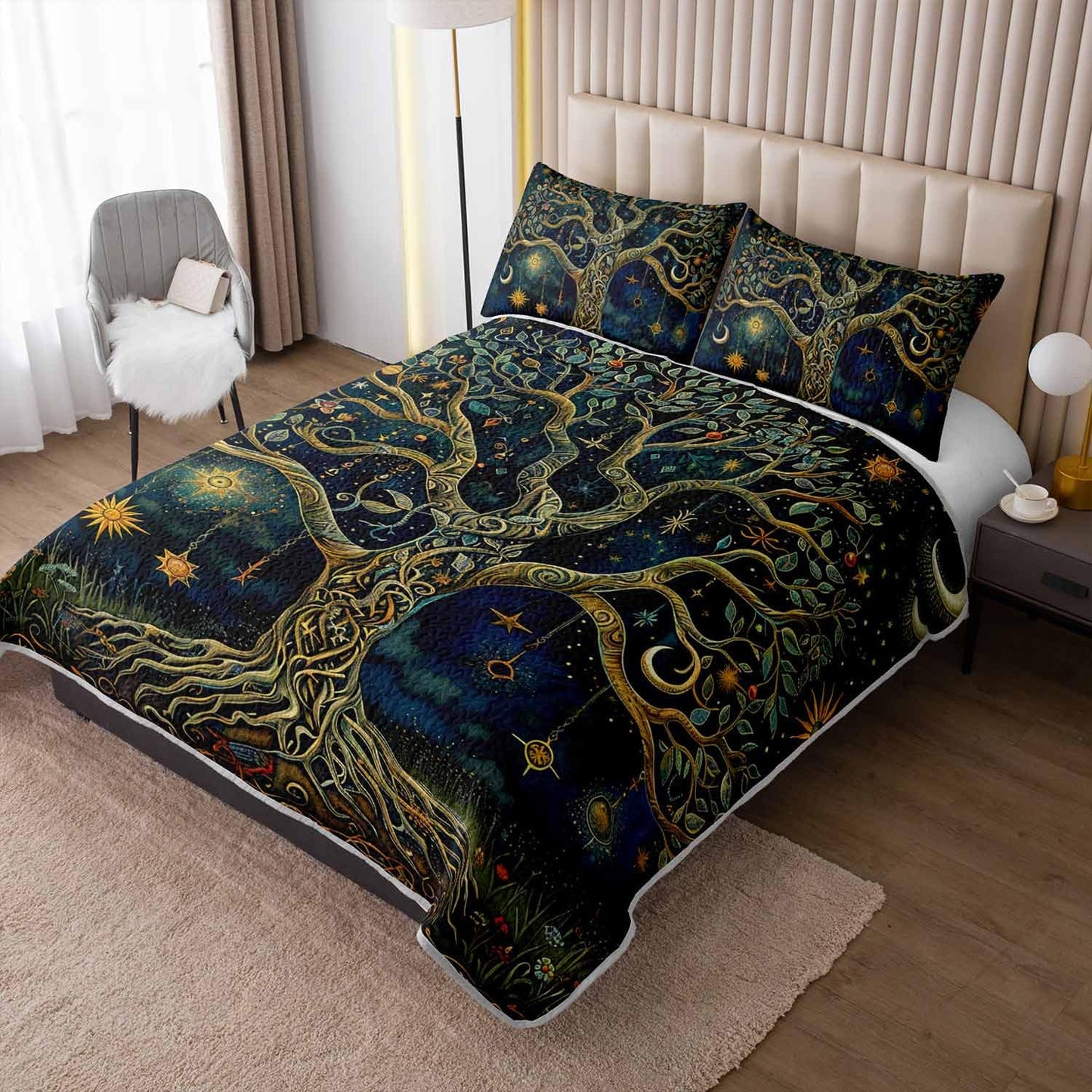 XYNHML Dreamy Tree of Life Quilts Bedding Full 3Pcs Mysterious Sun Moon Starry Celestial Quilt Bed Set Lightweight Soft Bedspreads Coverlet with 2 Pillowcases for Kid Boy Girl Teen Adult Bed Decor