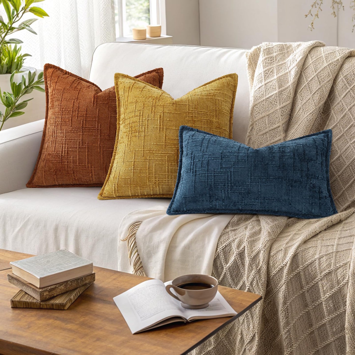 decorUhome Chenille Fall Throw Pillow Covers 20x20 Set of 2, Soft Textured Slubby Modern Decorative Pillow Covers with Elegant Design for Couch, Sofa, Living Room, Rust