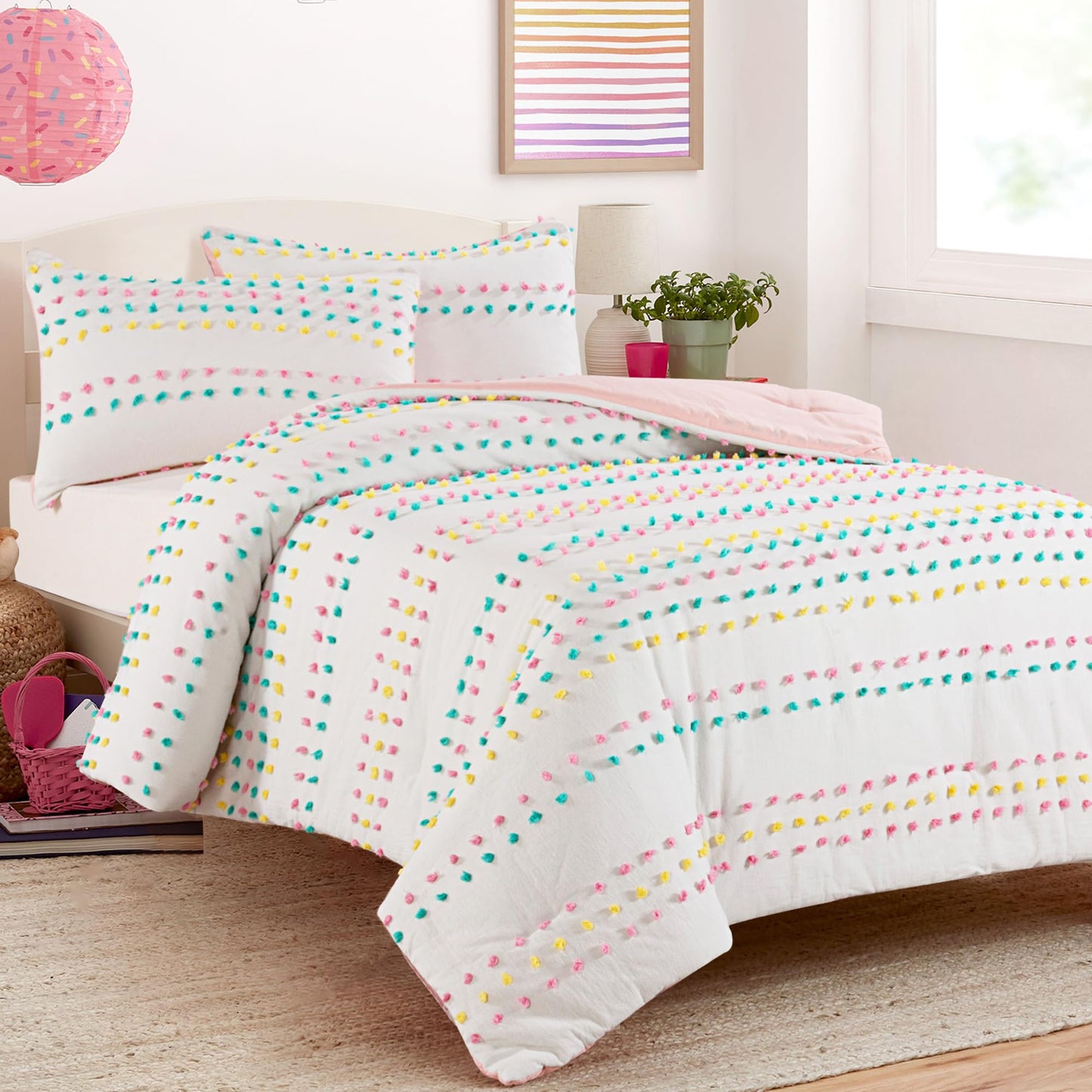 HOMBYS Tufted Pom Poms Bedding Comforter Set for Girls, 3 Piece White Boho Jacquard Kids Comforter Set for All Season，Twin/Twin XL Size