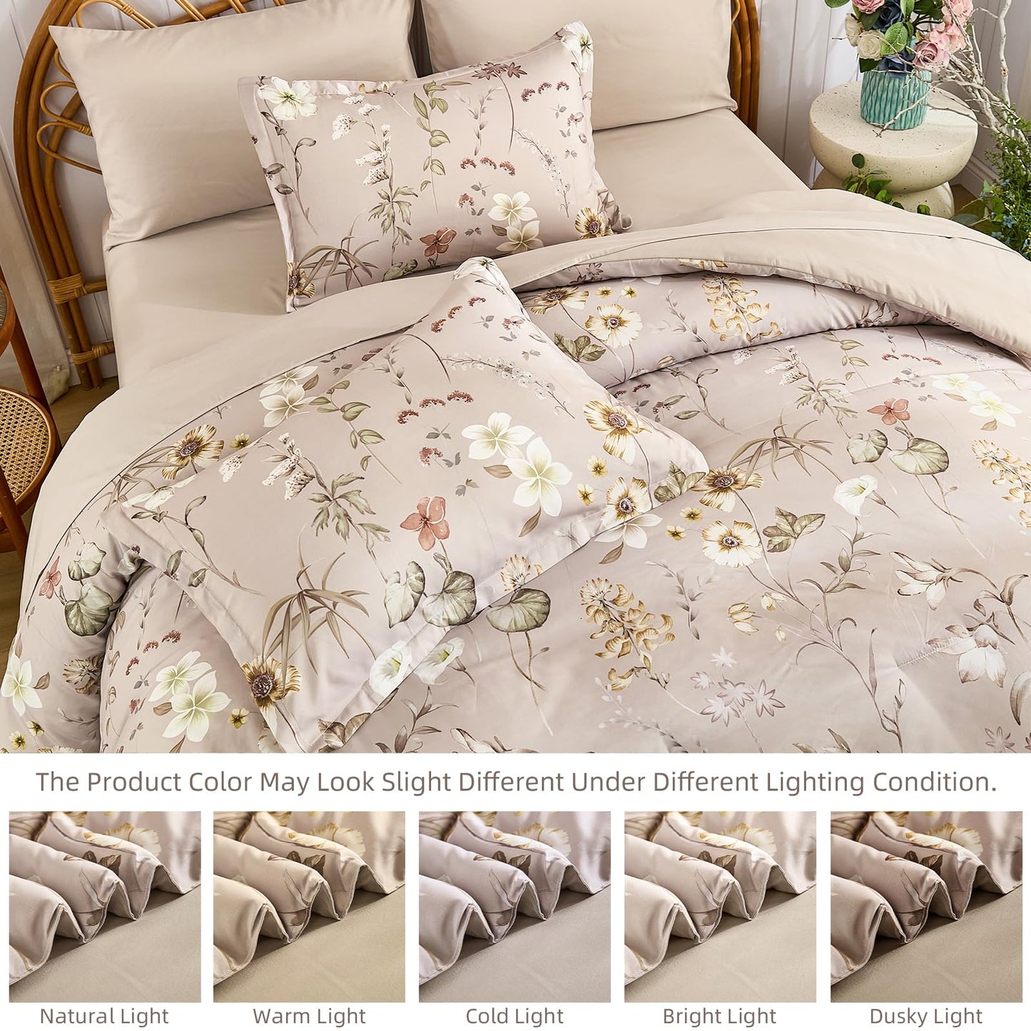 DJY King Size Comforter Set,Taupe Botanical Floral Bedding Comforter Sets King for All Seasons, 7 Pieces King Bed in a Bag Lightweight Microfiber Comforter Set with Sheets Pillowcases & Shams