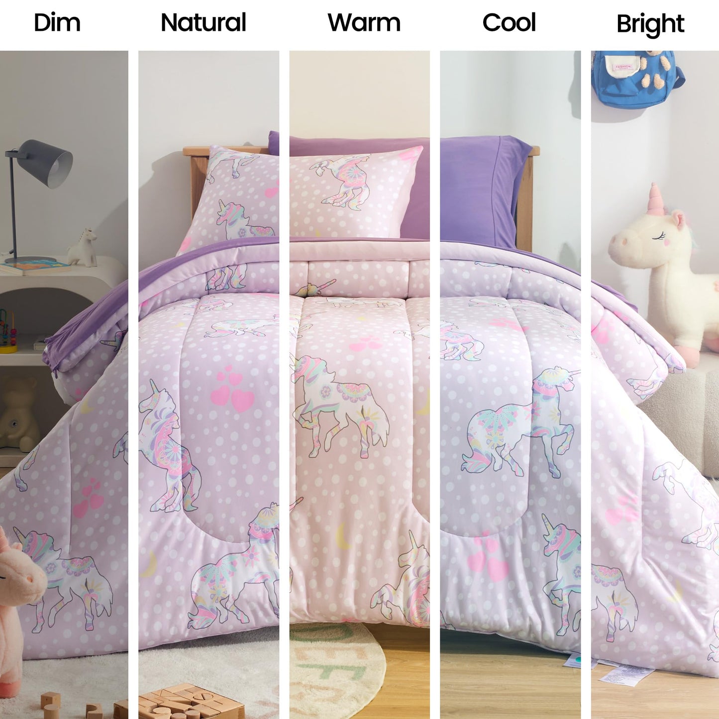 SLEEP ZONE Kids Comforter Set Full/Queen Size, Jersey Knit 7 Pieces Bedding, Super Soft and Breathable Comforter with Sheets, Pillowcases (Purple Unicorns)