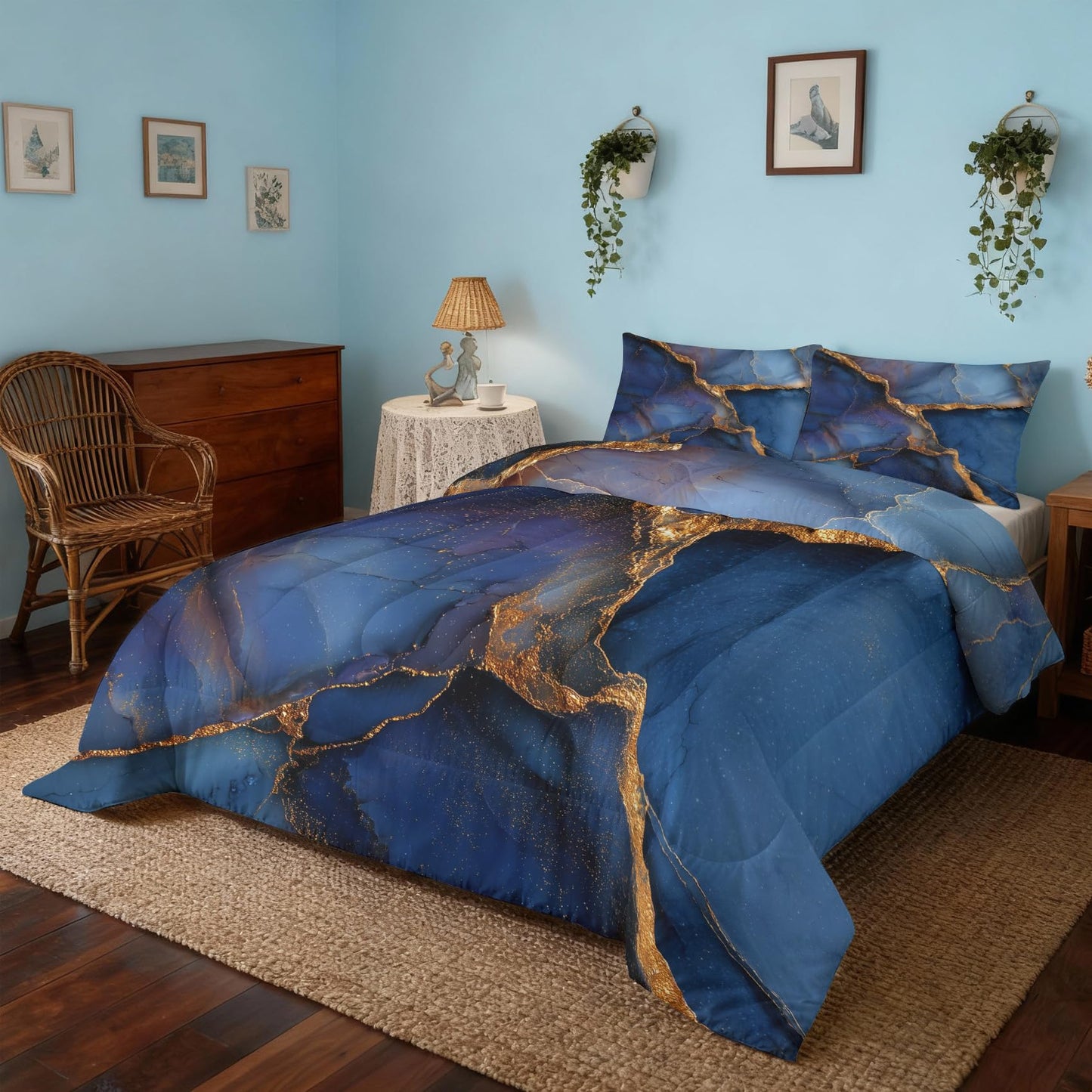 Blue Marble Comforter Set King Size 3Pc, Modern Abstract Pattern Down Alternative Bed Comforter, 2 Pillow Shams, Soft All Season Bedding, Blue Marble Bedroom Decor AF66