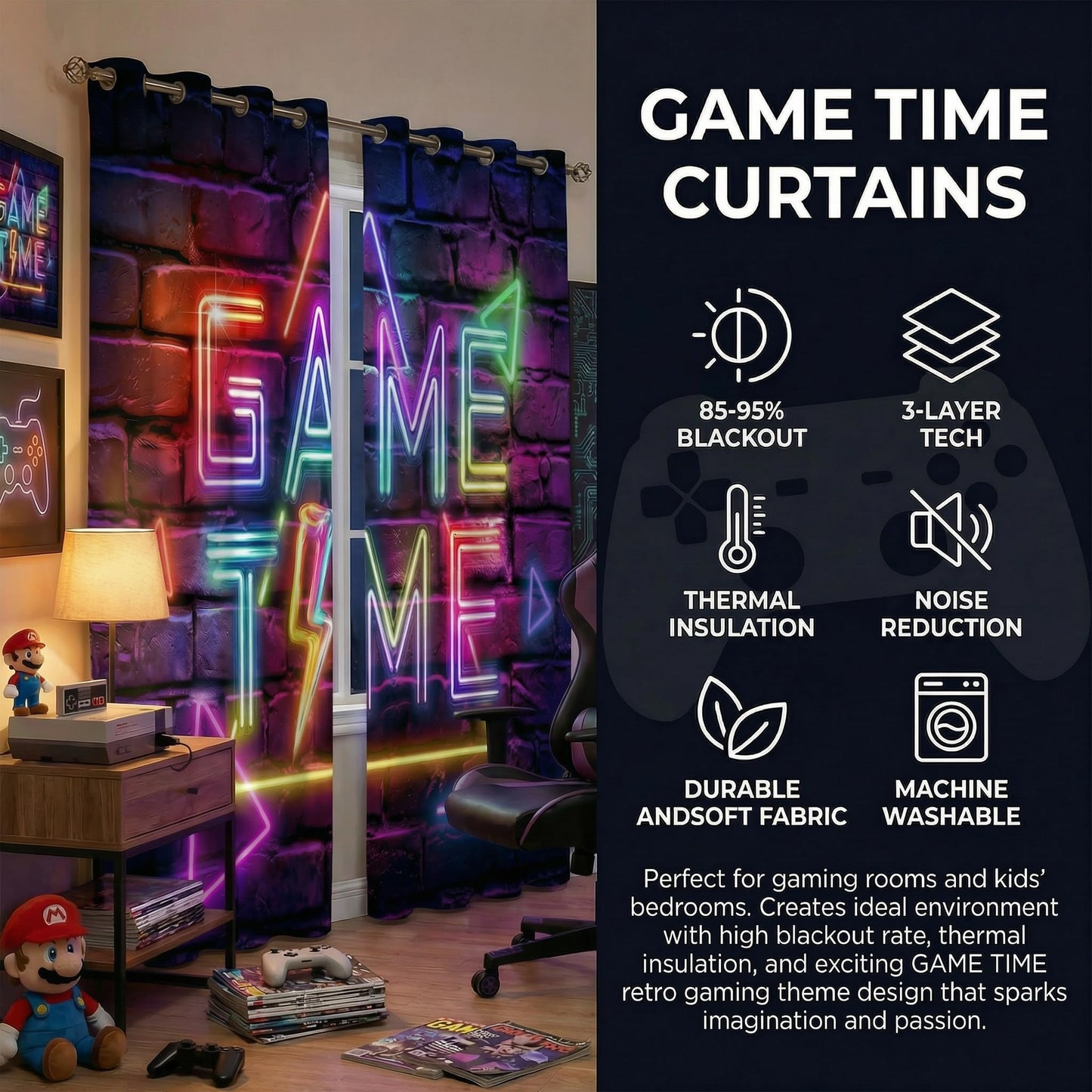 Gaming Blackout Curtains for Boys room, Kids Gamer Bedroom Drapes 42W x 45L