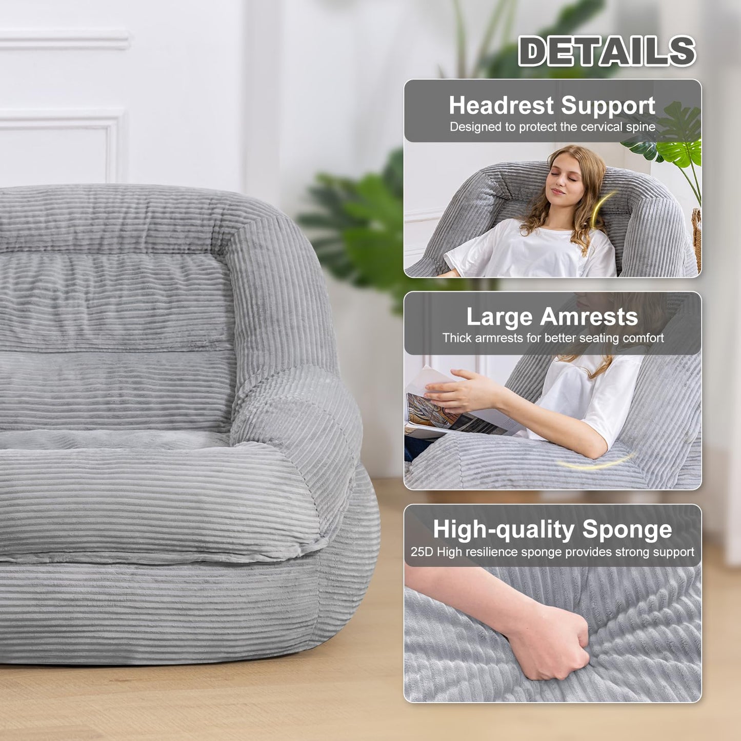 Giant Bean Bag Chair with Armrests - Oversized Cozy Seating for Adults, Corduroy Fabric & High-Resilience Foam Filling, Ideal Lounge for Living Room, Bedroom & Gaming Room (Grey)