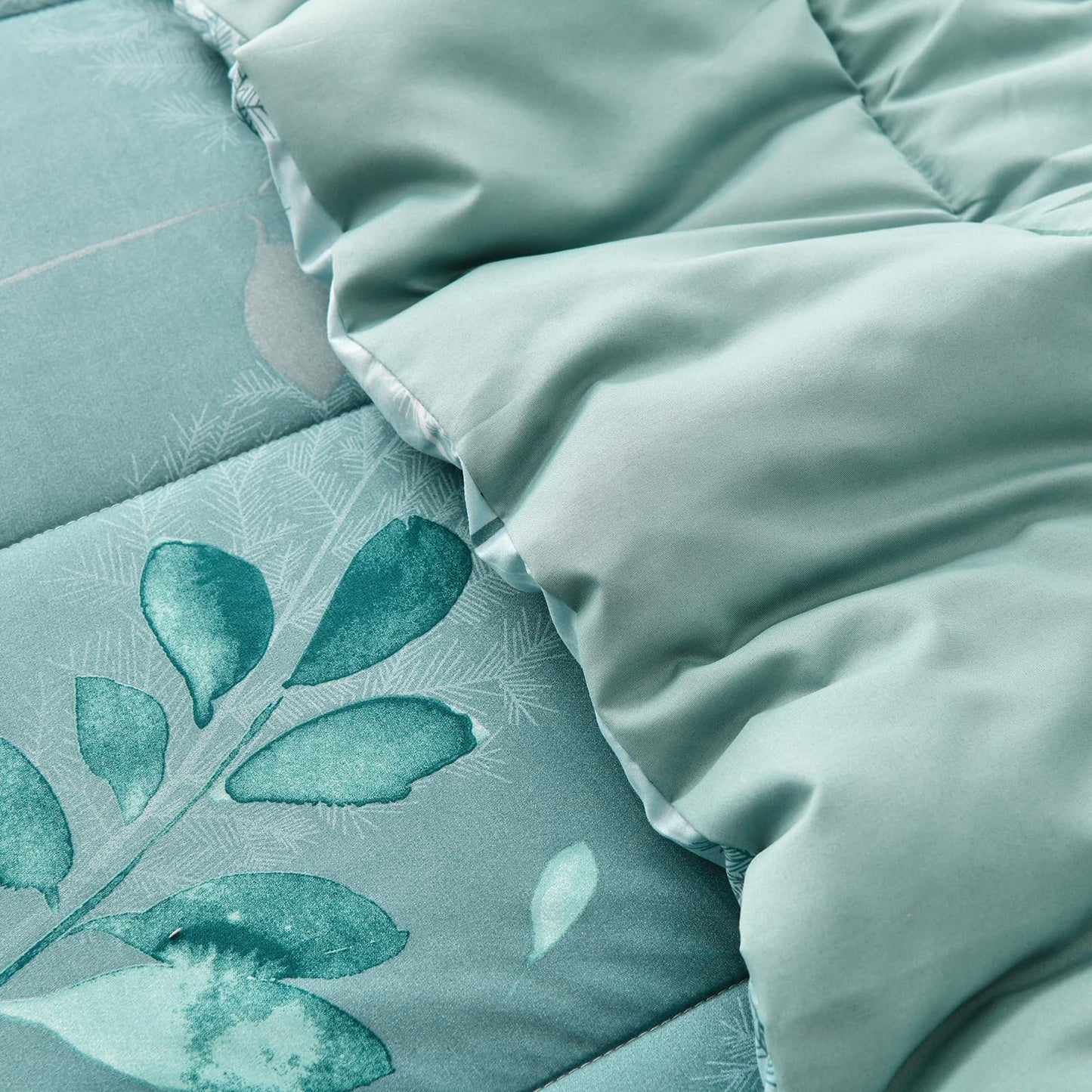 Anibedding Aqua Comforter Set Queen Size, 7 Pieces Botanical Leaves Reversible Soft Microfiber Bed in a Bag with Sheets Set All Season (90"x90")