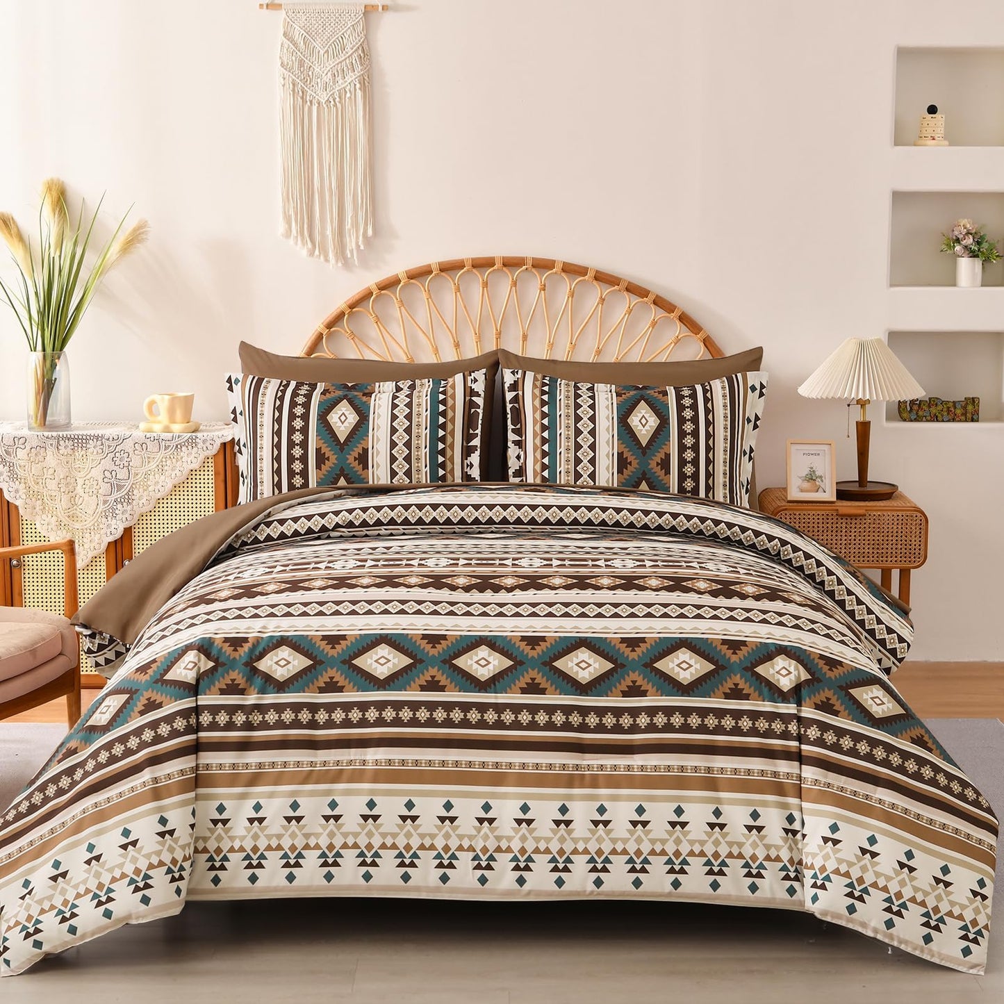 Dinjoy Brown Boho Comforter Set Queen Size,7 Pieces Bed in a Bag Queen Coffee Aztec Bedding Sets with Sheets Bohemian Geometric Striped Complete Set for All Season 90"x90"