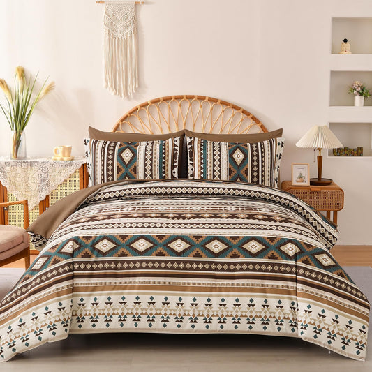 Dinjoy Brown Boho Comforter Set Queen Size,7 Pieces Bed in a Bag Queen Coffee Aztec Bedding Sets with Sheets Bohemian Geometric Striped Complete Set for All Season 90"x90"